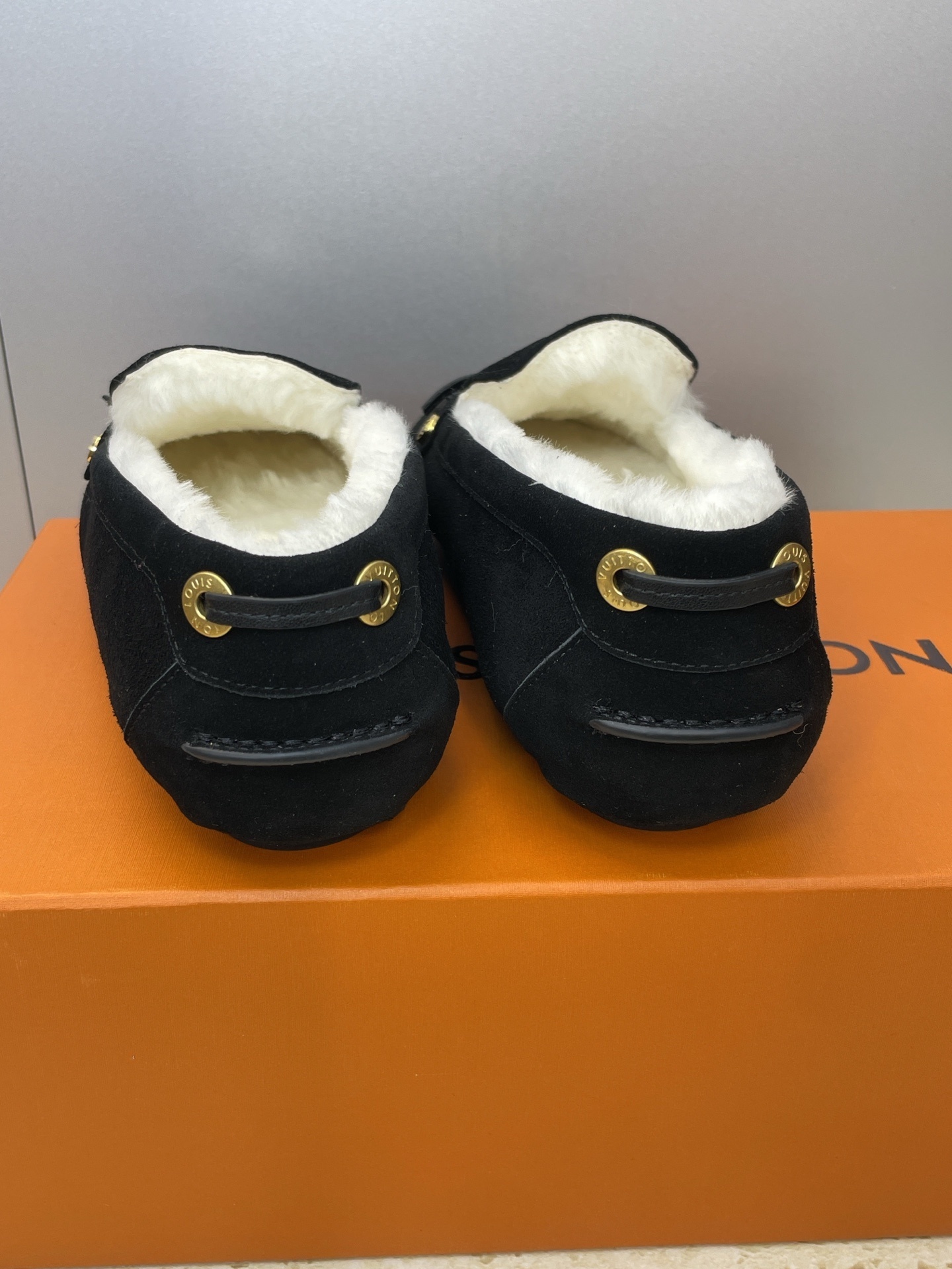Louis Vuitton Black Velvet Shearling Loafers with LV Padlock