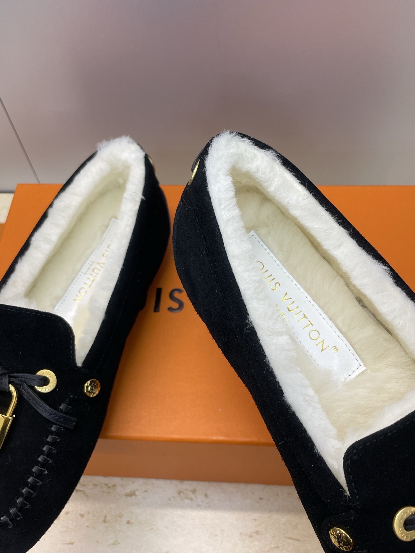 Louis Vuitton Black Velvet Shearling Loafers with LV Padlock