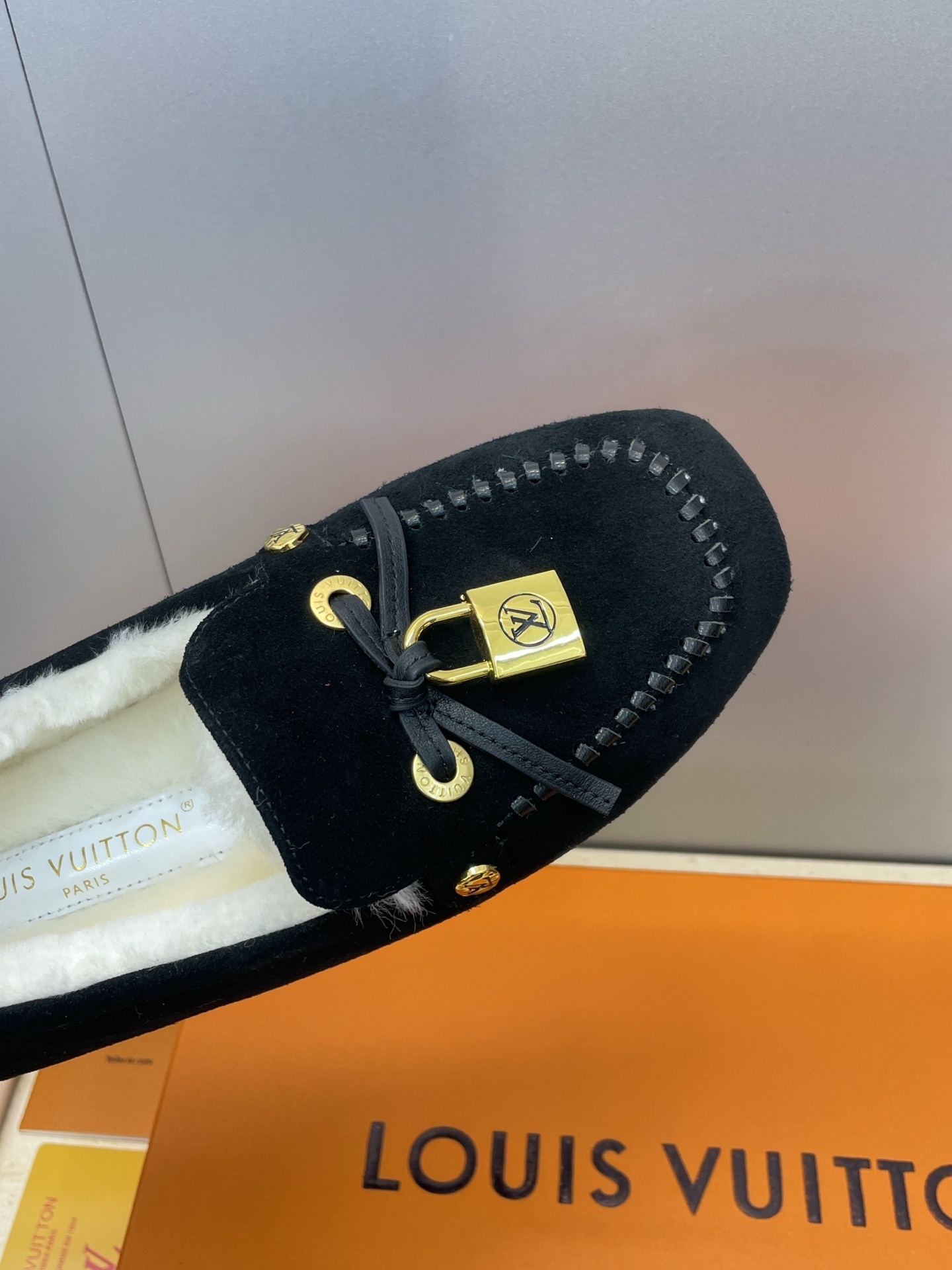 Louis Vuitton Black Velvet Shearling Loafers with LV Padlock