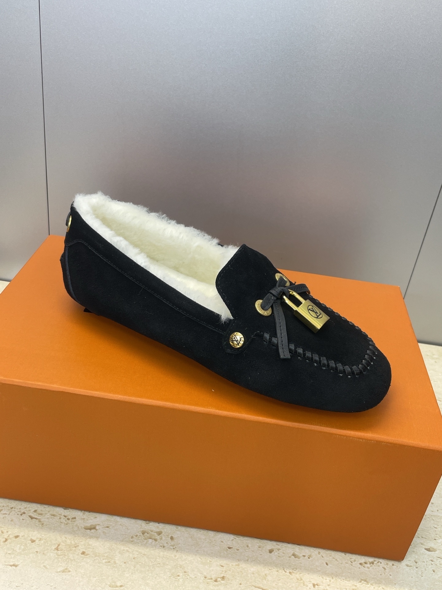 Louis Vuitton Black Velvet Shearling Loafers with LV Padlock