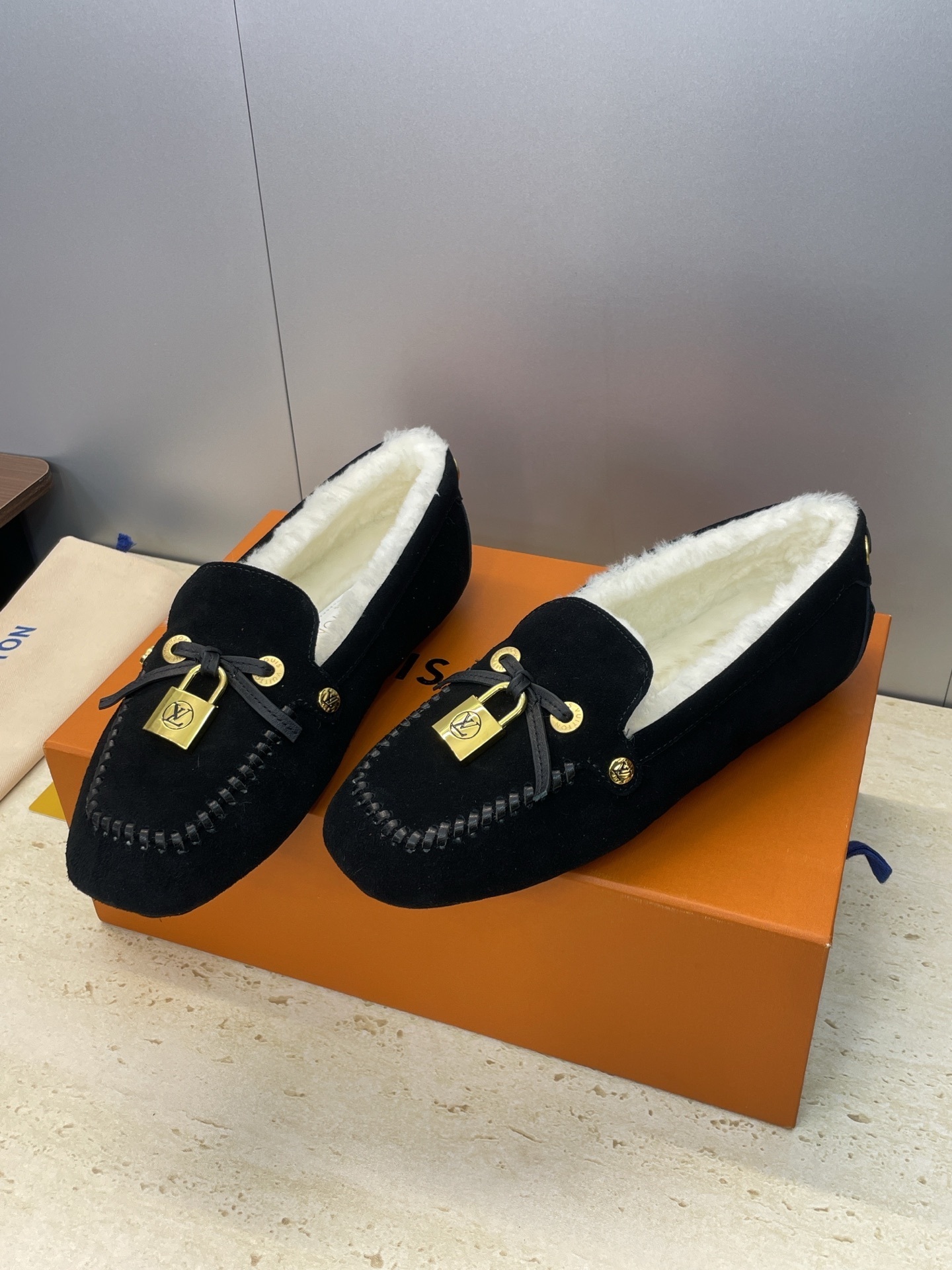 Louis Vuitton Black Velvet Shearling Loafers with LV Padlock