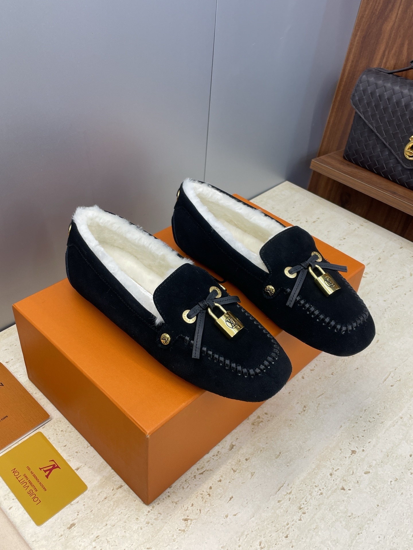 Louis Vuitton Black Velvet Shearling Loafers with LV Padlock