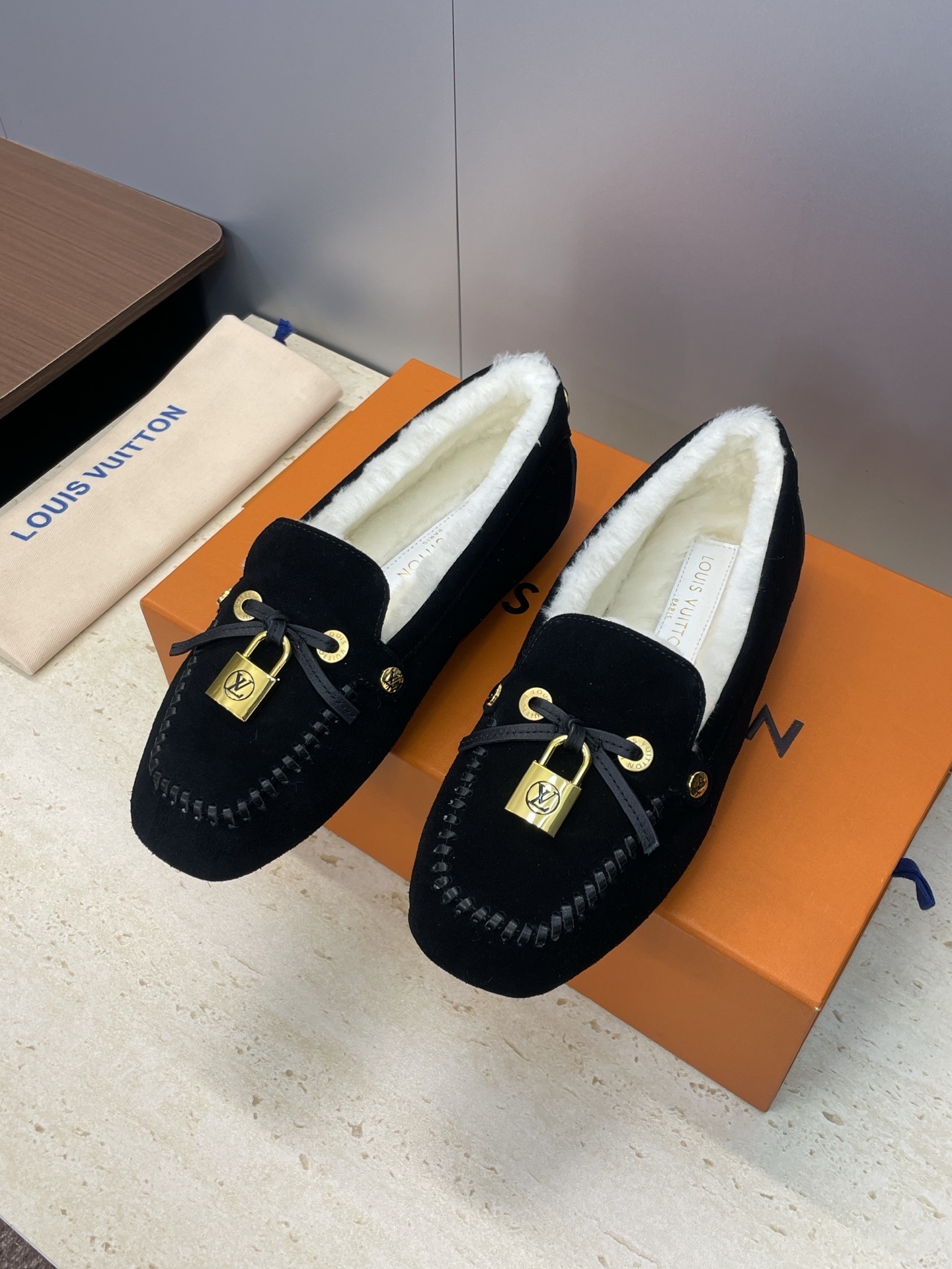 Louis Vuitton Black Velvet Shearling Loafers with LV Padlock
