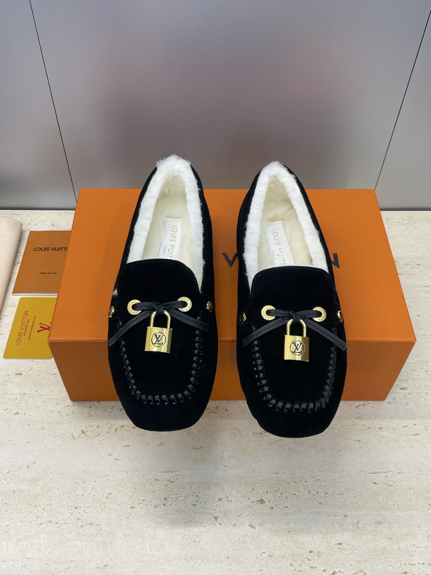 Louis Vuitton Black Velvet Shearling Loafers with LV Padlock