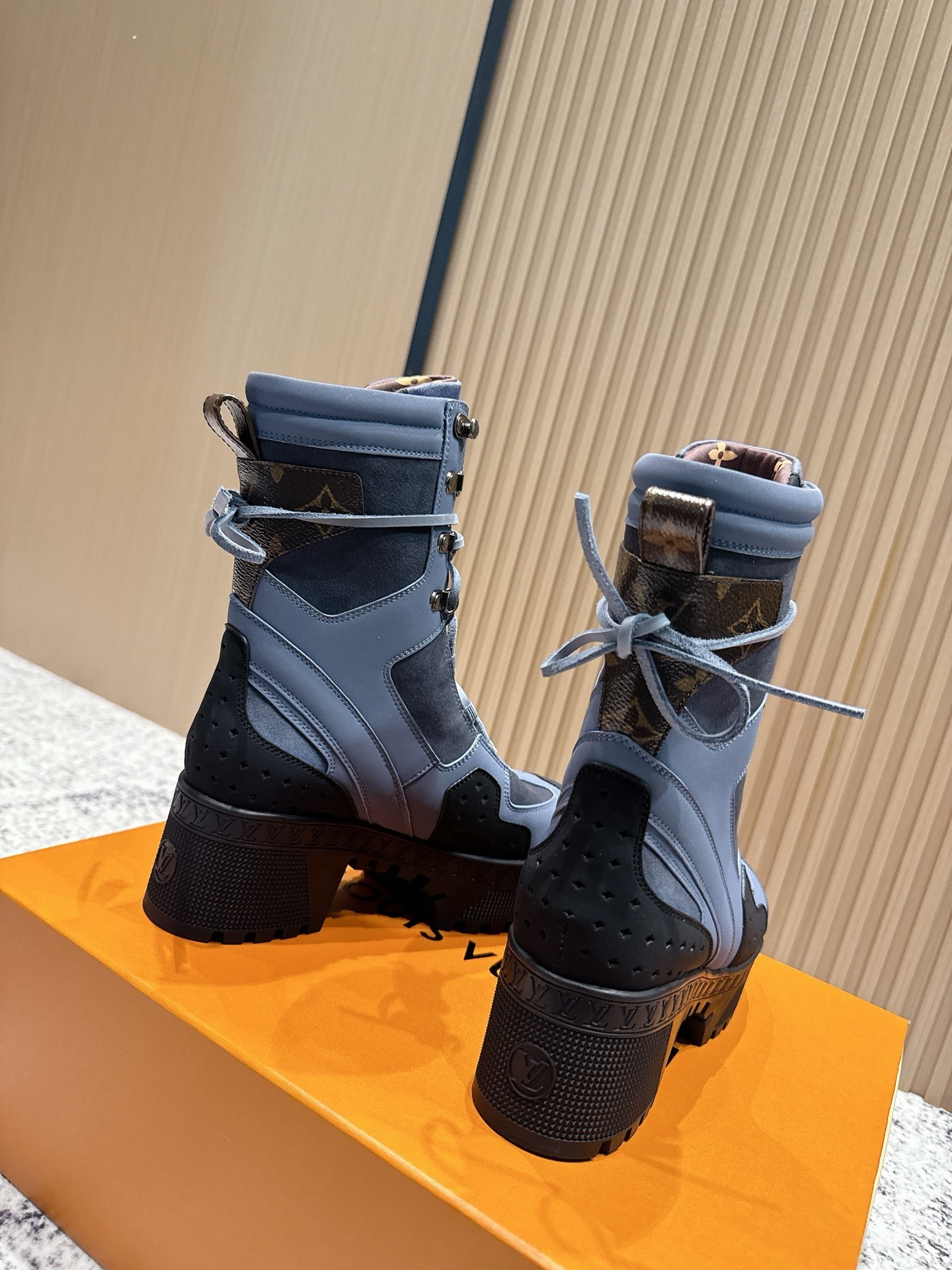 Louis Vuitton Women's Platform Combat Boots in Navy Blue & Slate