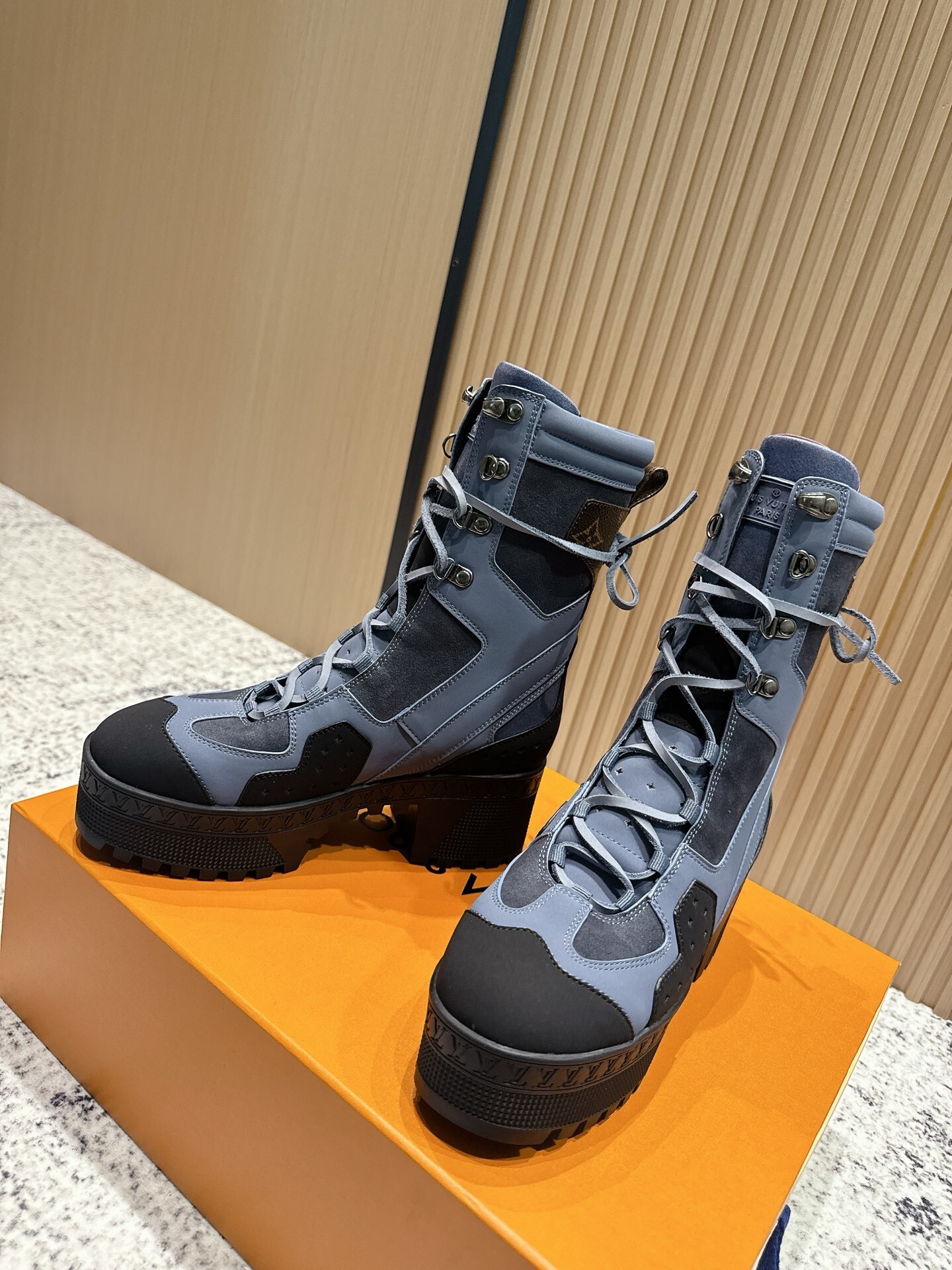 Louis Vuitton Women's Platform Combat Boots in Navy Blue & Slate