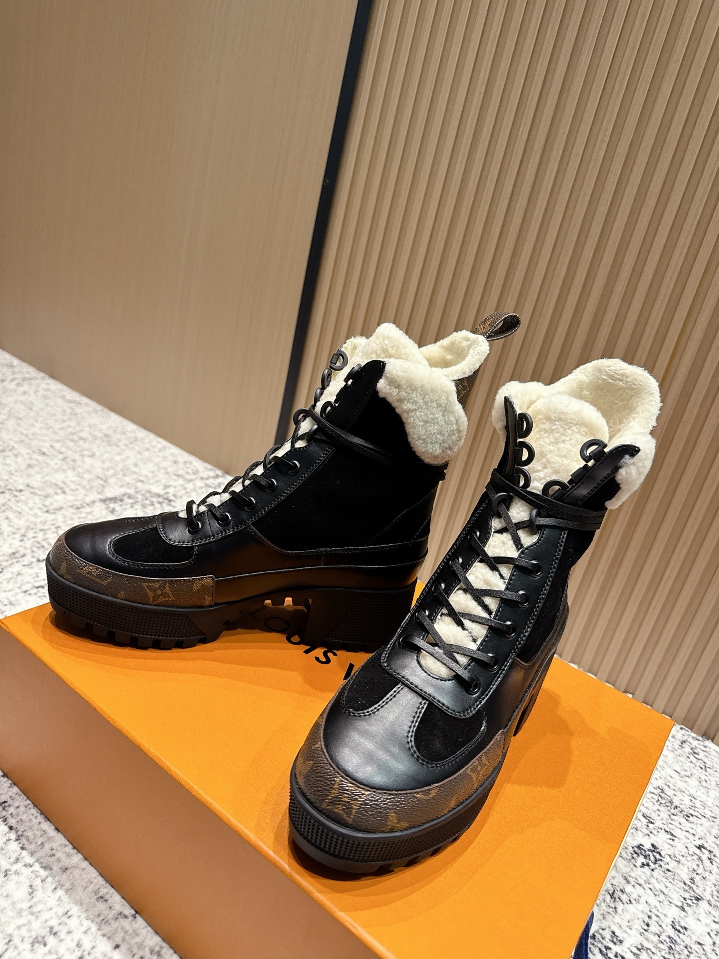 Luxury Women's Monogram Leather Boots with Shearling Lining