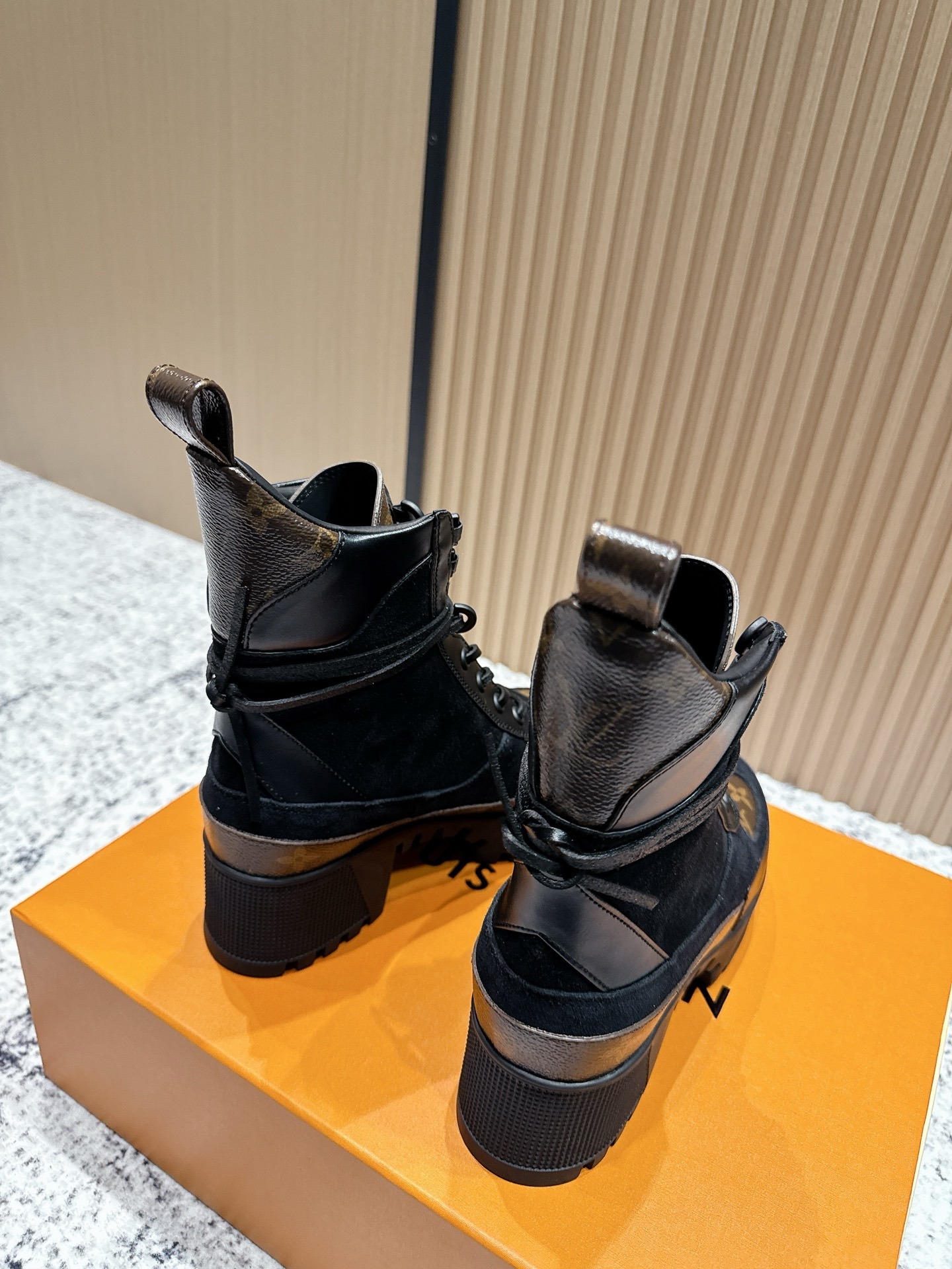 Louis Vuitton Monogram Leather & Suede Lace-Up Platform Boots