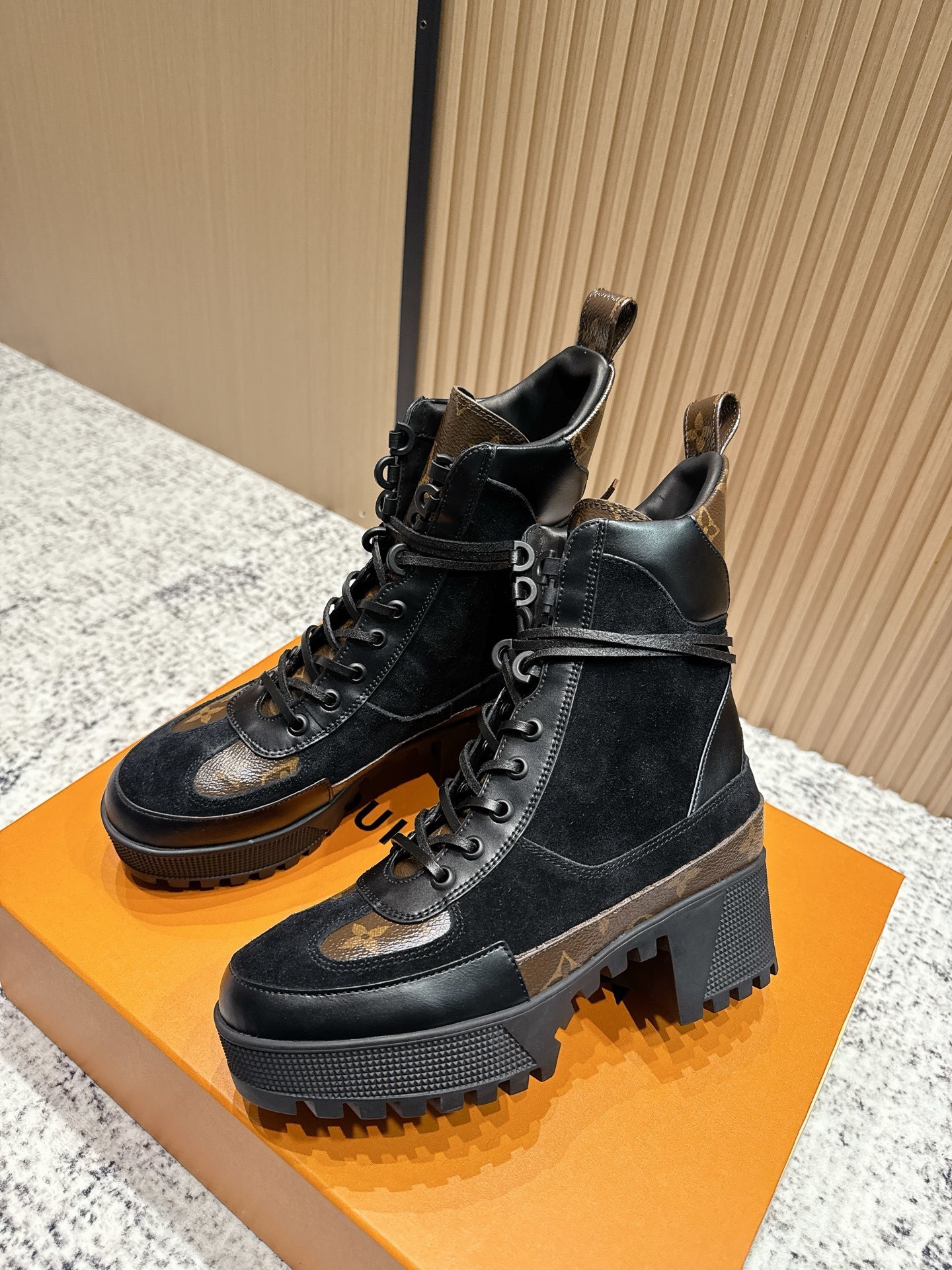 Louis Vuitton Monogram Leather & Suede Lace-Up Platform Boots