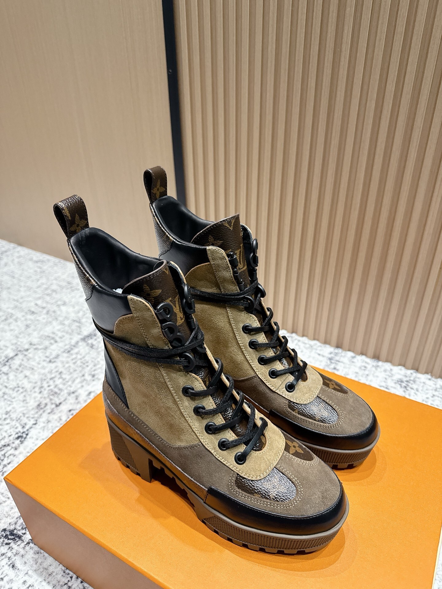 Louis Vuitton Women's Suede Monogram Canvas Lace-Up Ankle Boots