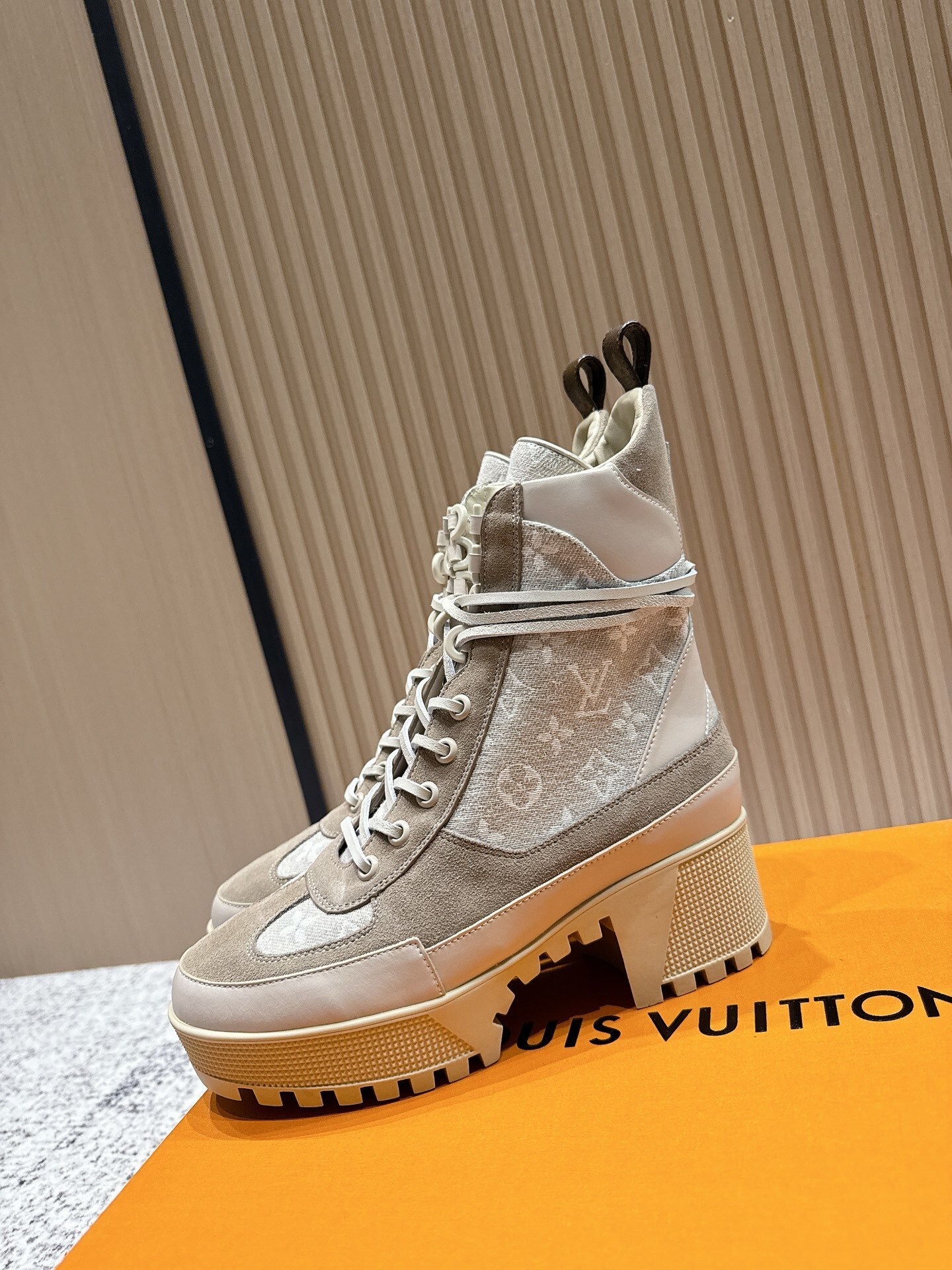 Luxury Monogram Suede Lace-Up Ankle Boots - Chic Beige Edition