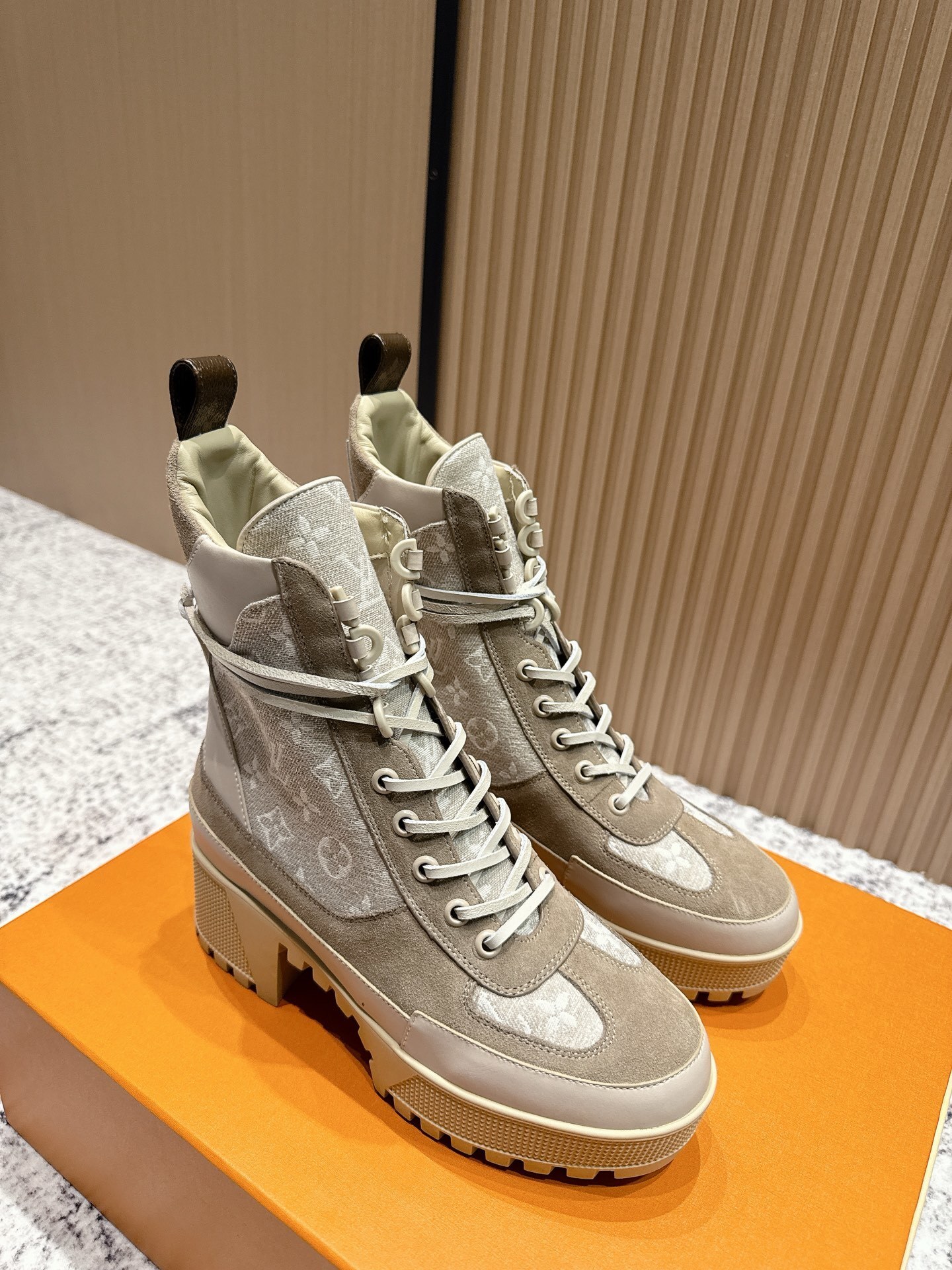 Luxury Monogram Suede Lace-Up Ankle Boots - Chic Beige Edition