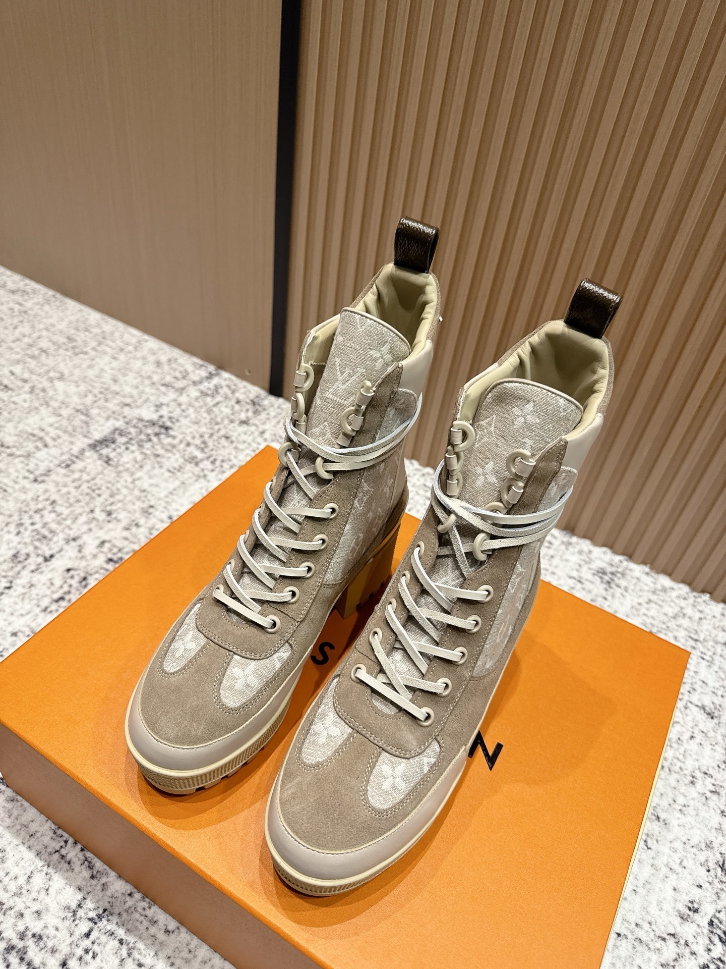 Luxury Monogram Suede Lace-Up Ankle Boots – Chic Beige Edition