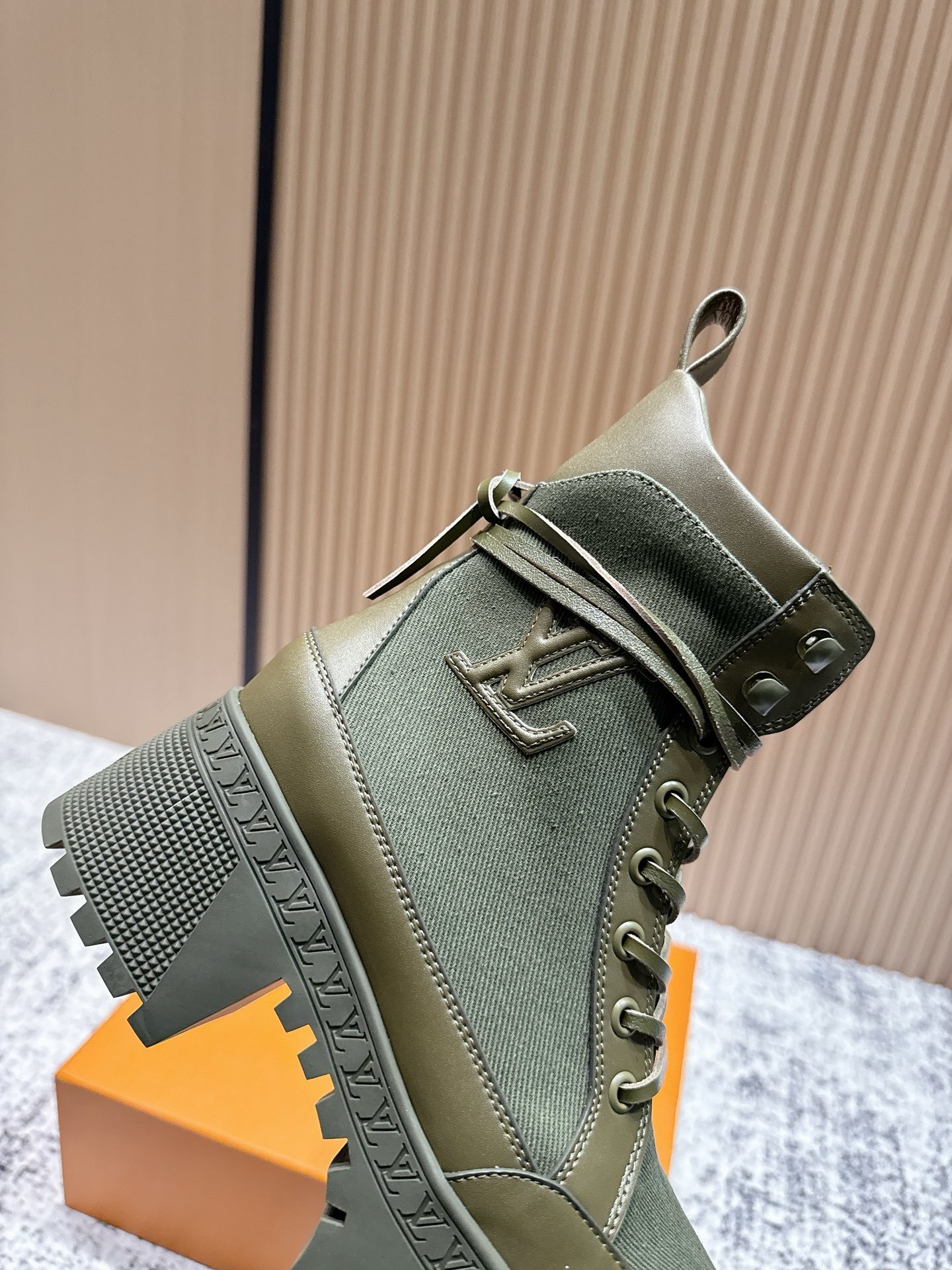 Louis Vuitton Khaki Canvas Platform Combat Ankle Boots