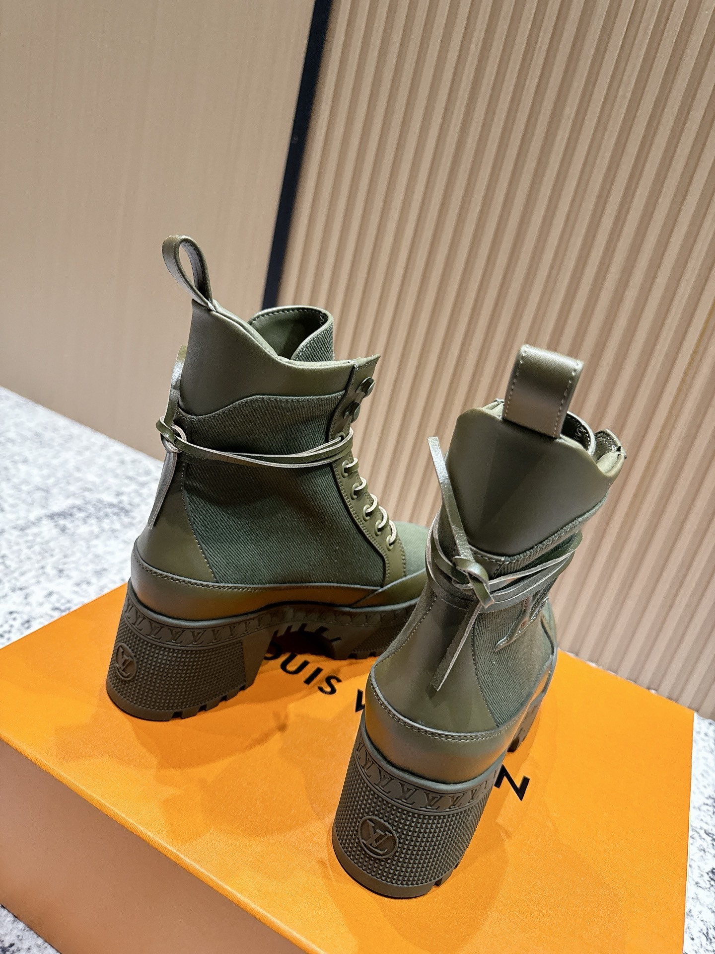 Louis Vuitton Khaki Canvas Platform Combat Ankle Boots