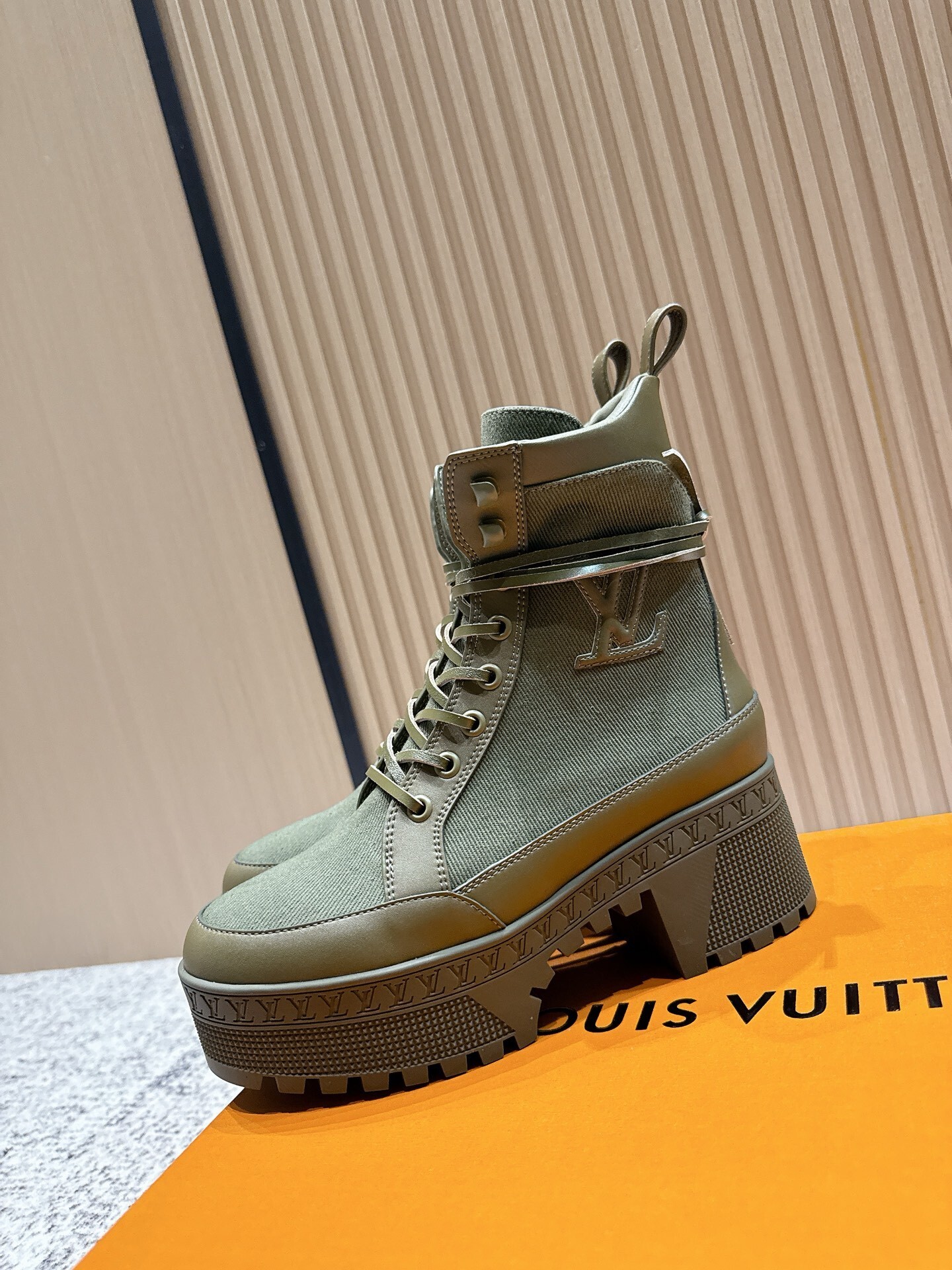 Louis Vuitton Khaki Canvas Platform Combat Ankle Boots
