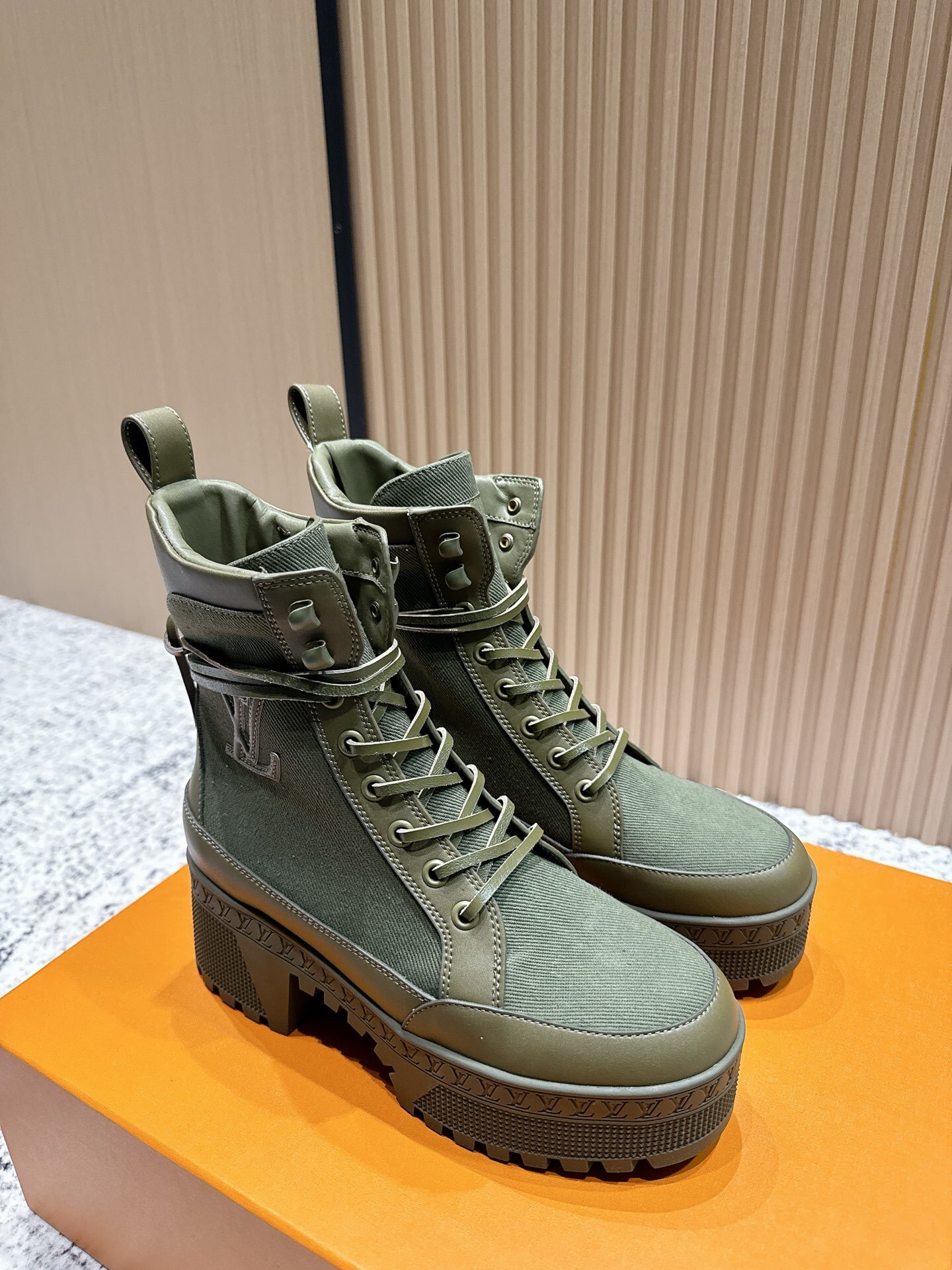 Louis Vuitton Khaki Canvas Platform Combat Ankle Boots