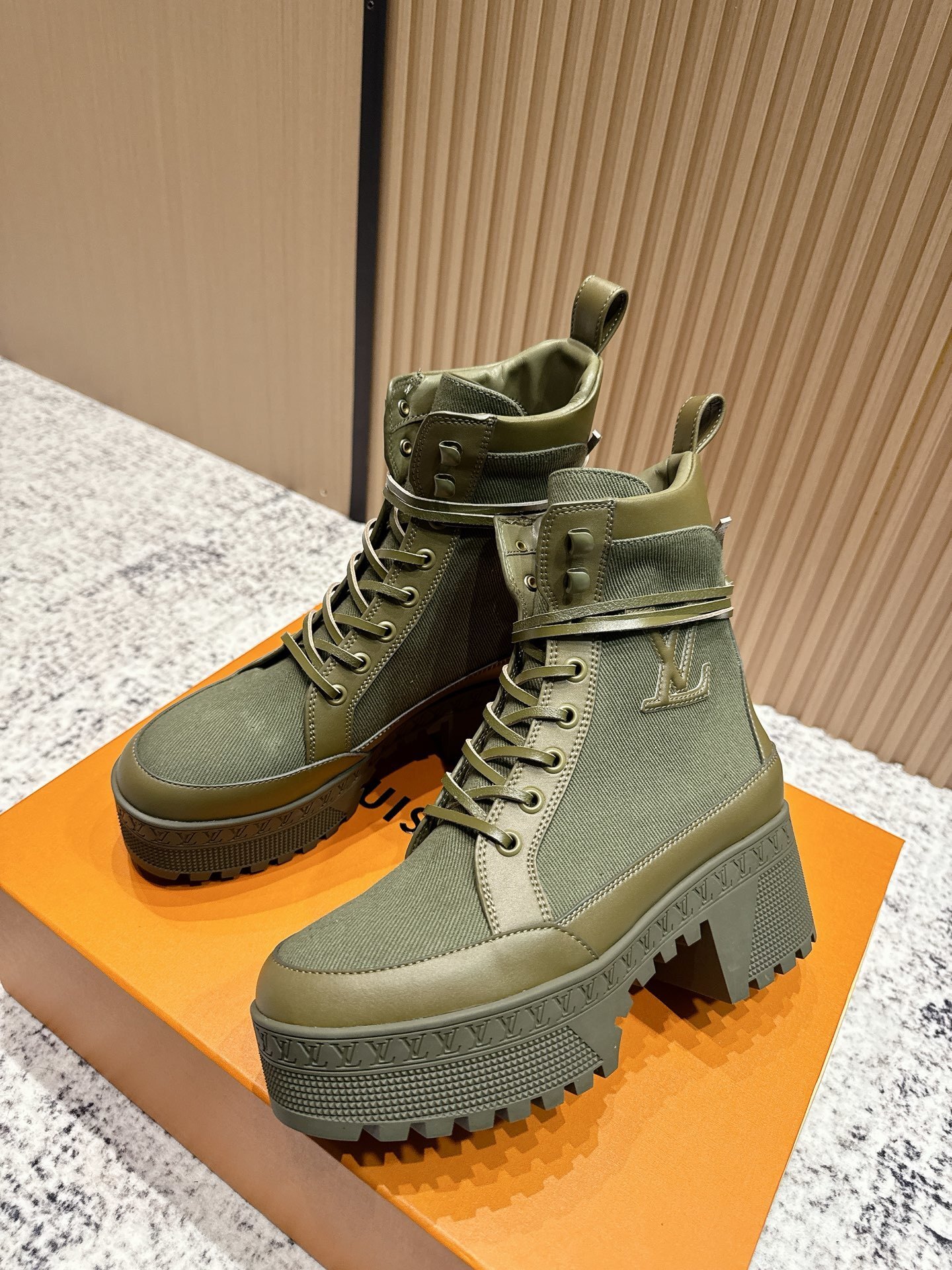 Louis Vuitton Khaki Canvas Platform Combat Ankle Boots