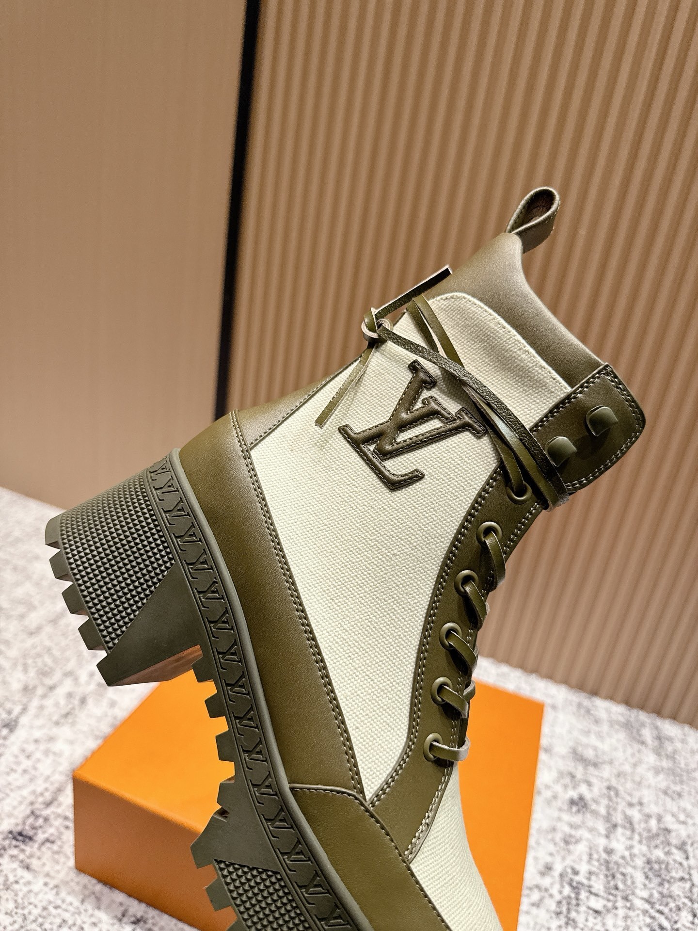 Luxury Women's Olive Green & Cream Canvas Combat Boots