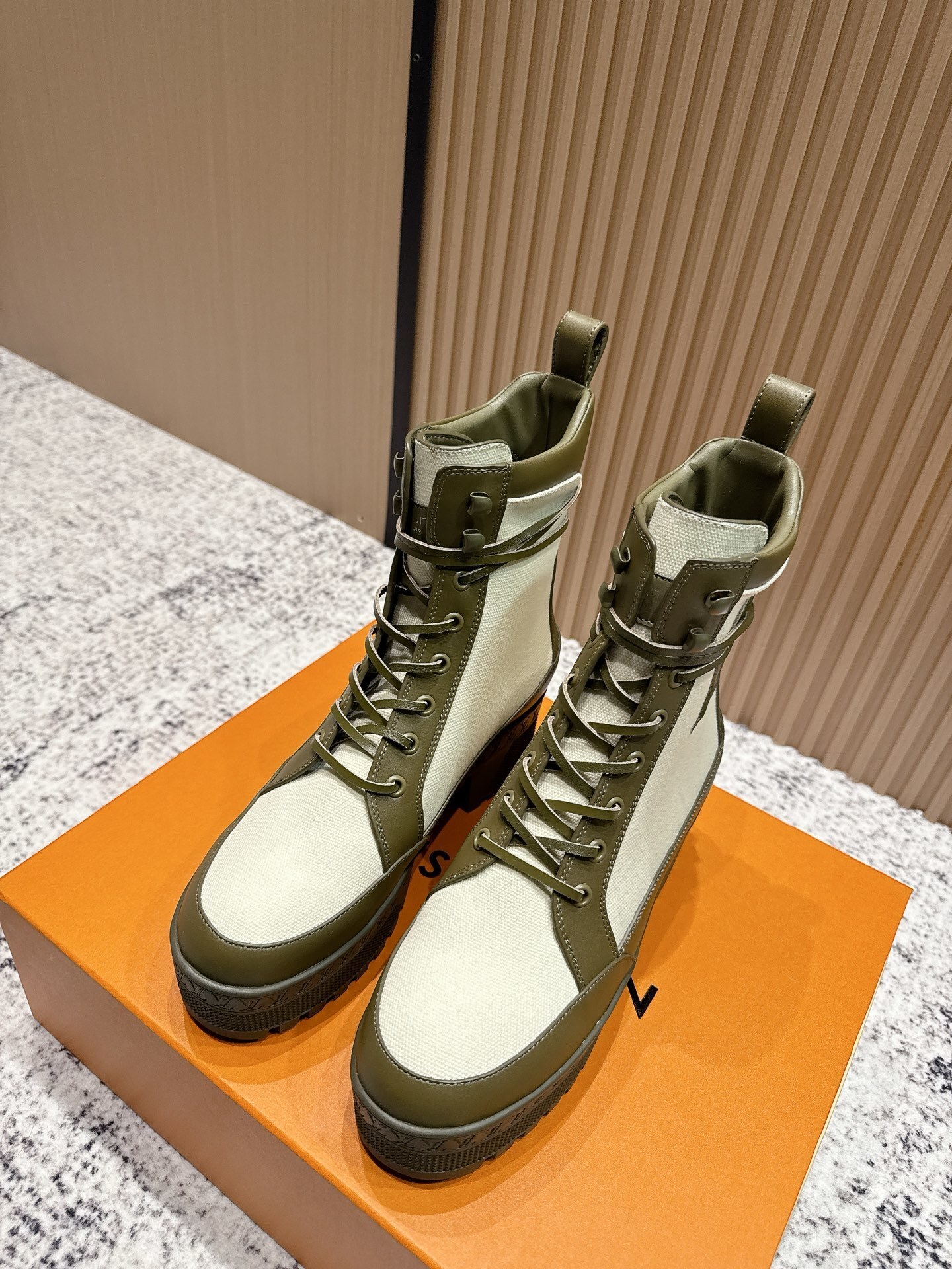 Luxury Women’s Olive Green & Cream Canvas Combat Boots