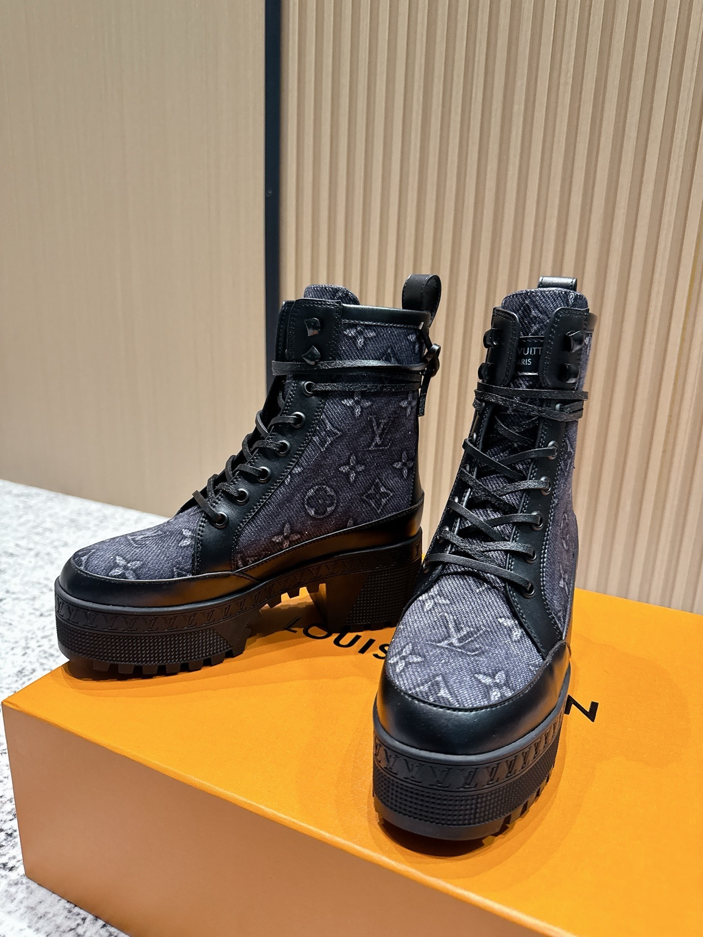 Louis Vuitton Monogram Denim Platform Combat Boots