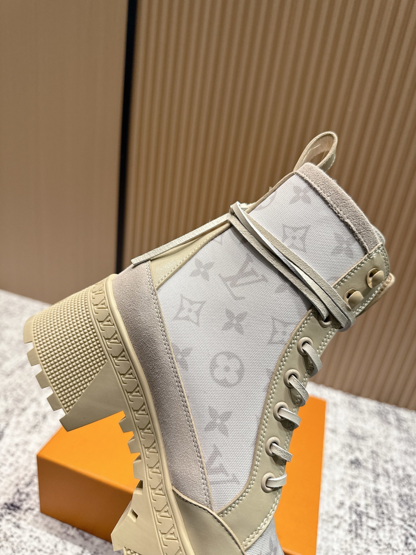 Louis Vuitton Monogram Platform Ankle Boots - Beige Combat Style