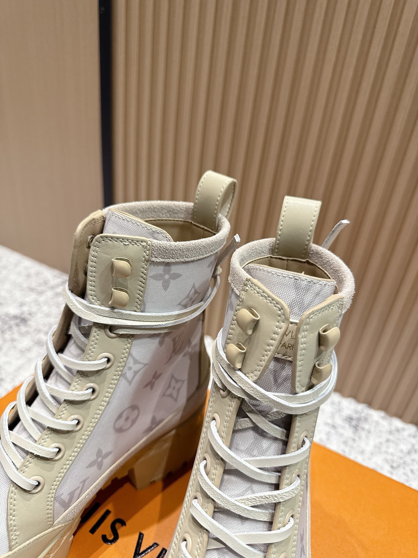 Louis Vuitton Monogram Platform Ankle Boots - Beige Combat Style