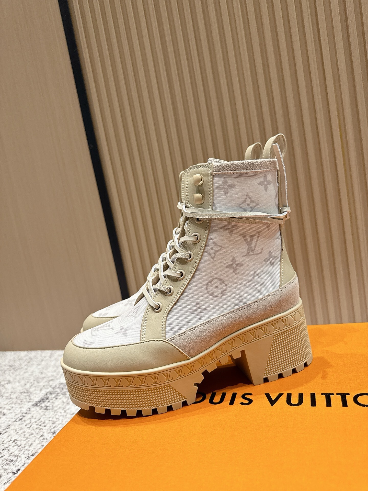 Louis Vuitton Monogram Platform Ankle Boots - Beige Combat Style
