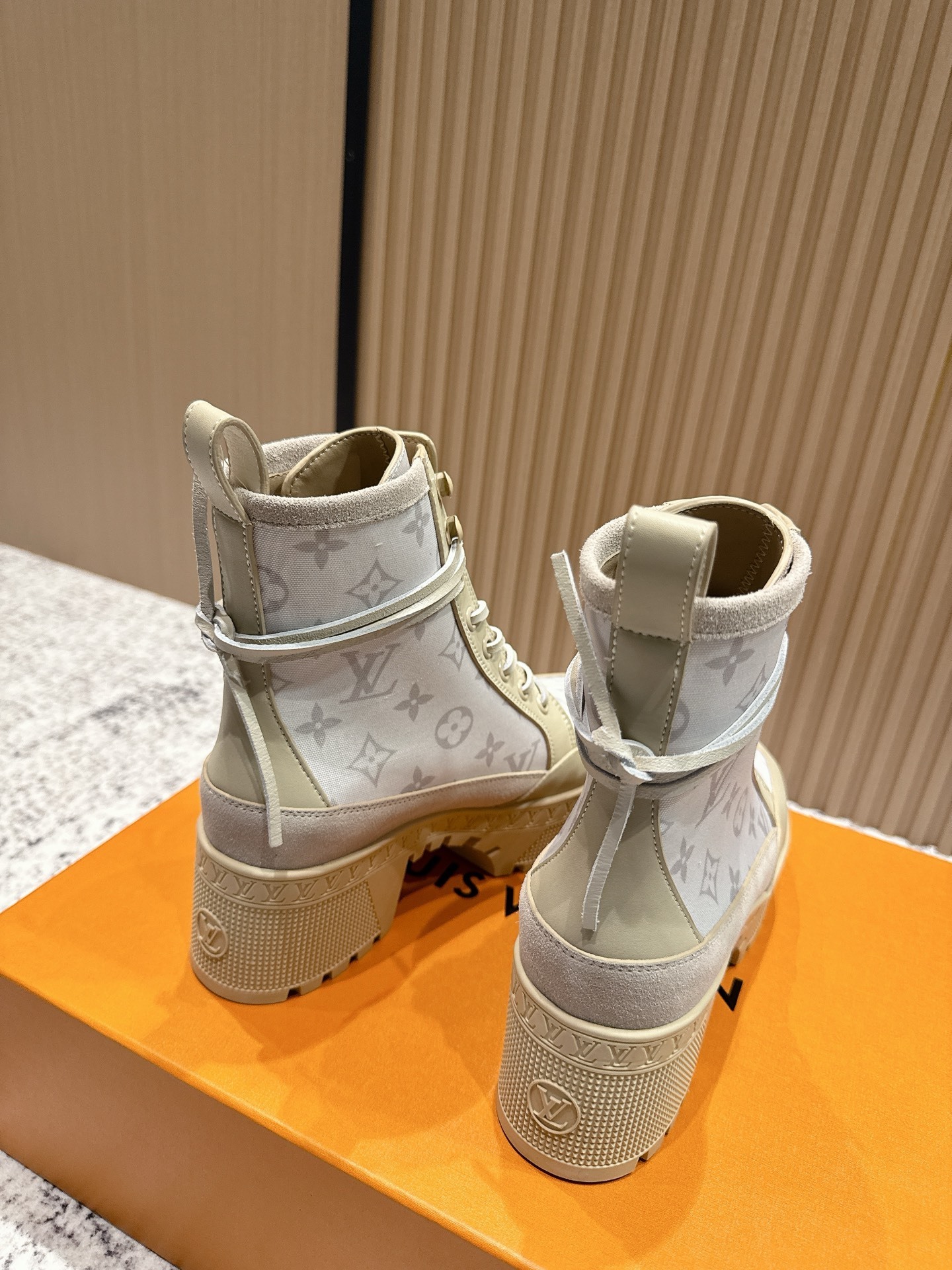 Louis Vuitton Monogram Platform Ankle Boots - Beige Combat Style