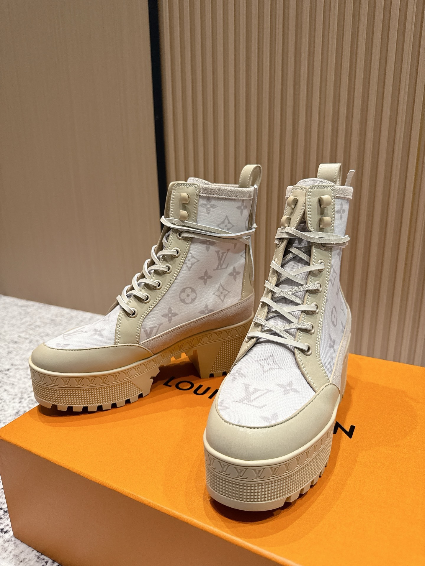 Louis Vuitton Monogram Platform Ankle Boots - Beige Combat Style