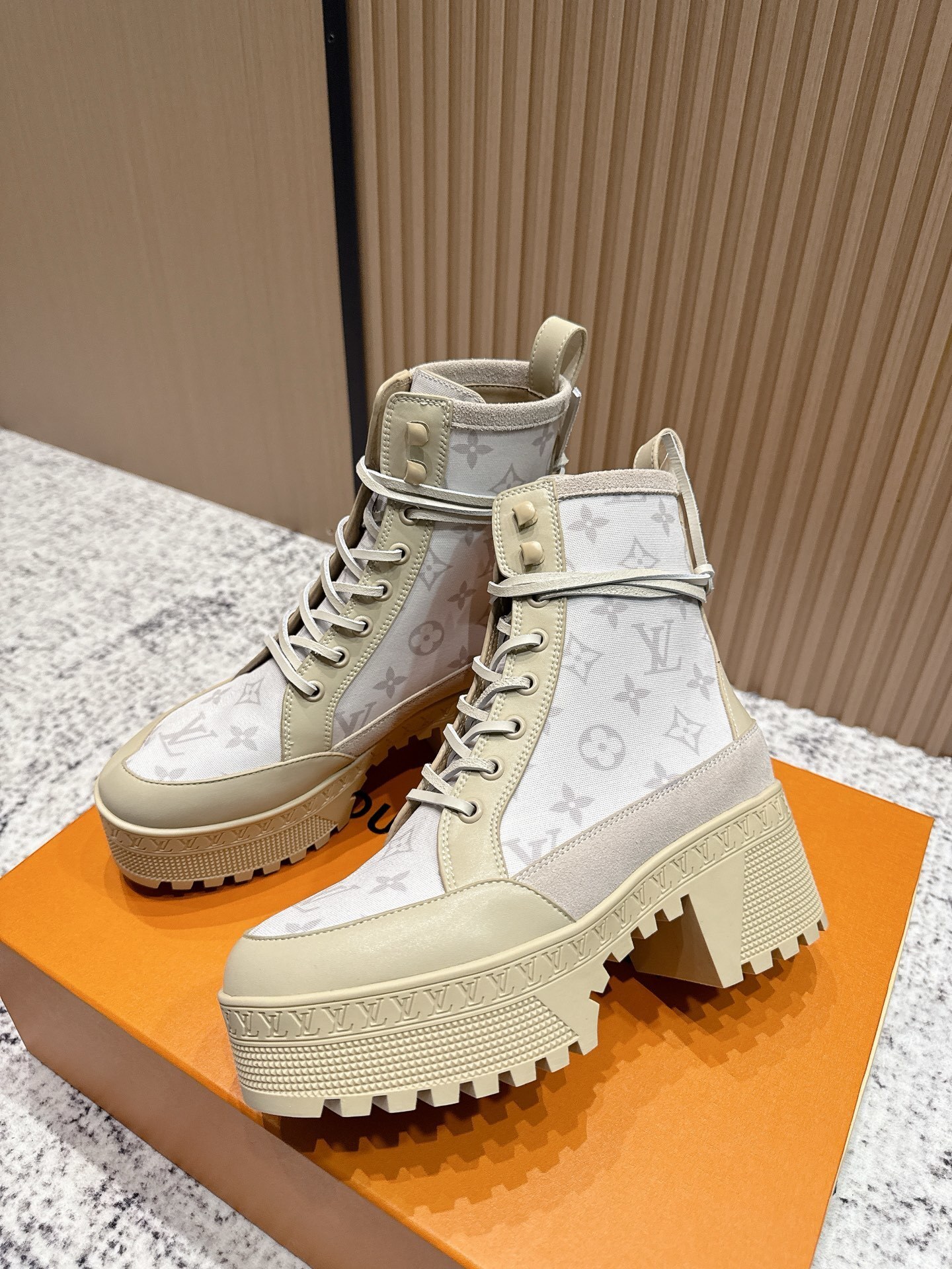 Louis Vuitton Monogram Platform Ankle Boots - Beige Combat Style