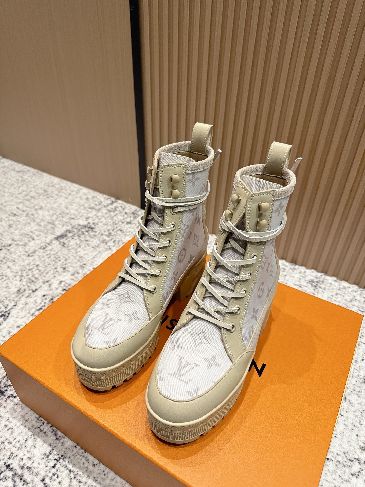 Louis Vuitton Monogram Platform Ankle Boots – Beige Combat Style