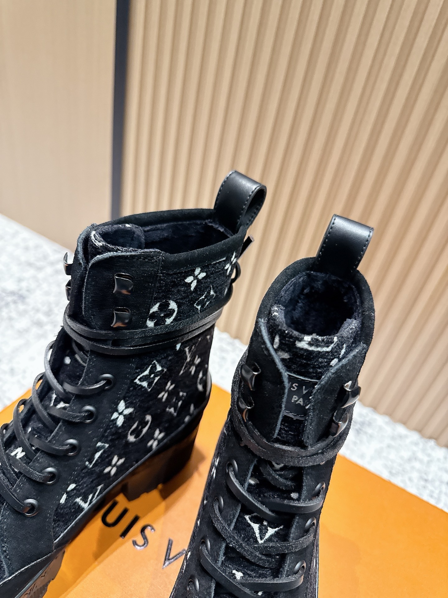 Luxury Monogram Platform Lace-Up Combat Boots - Black