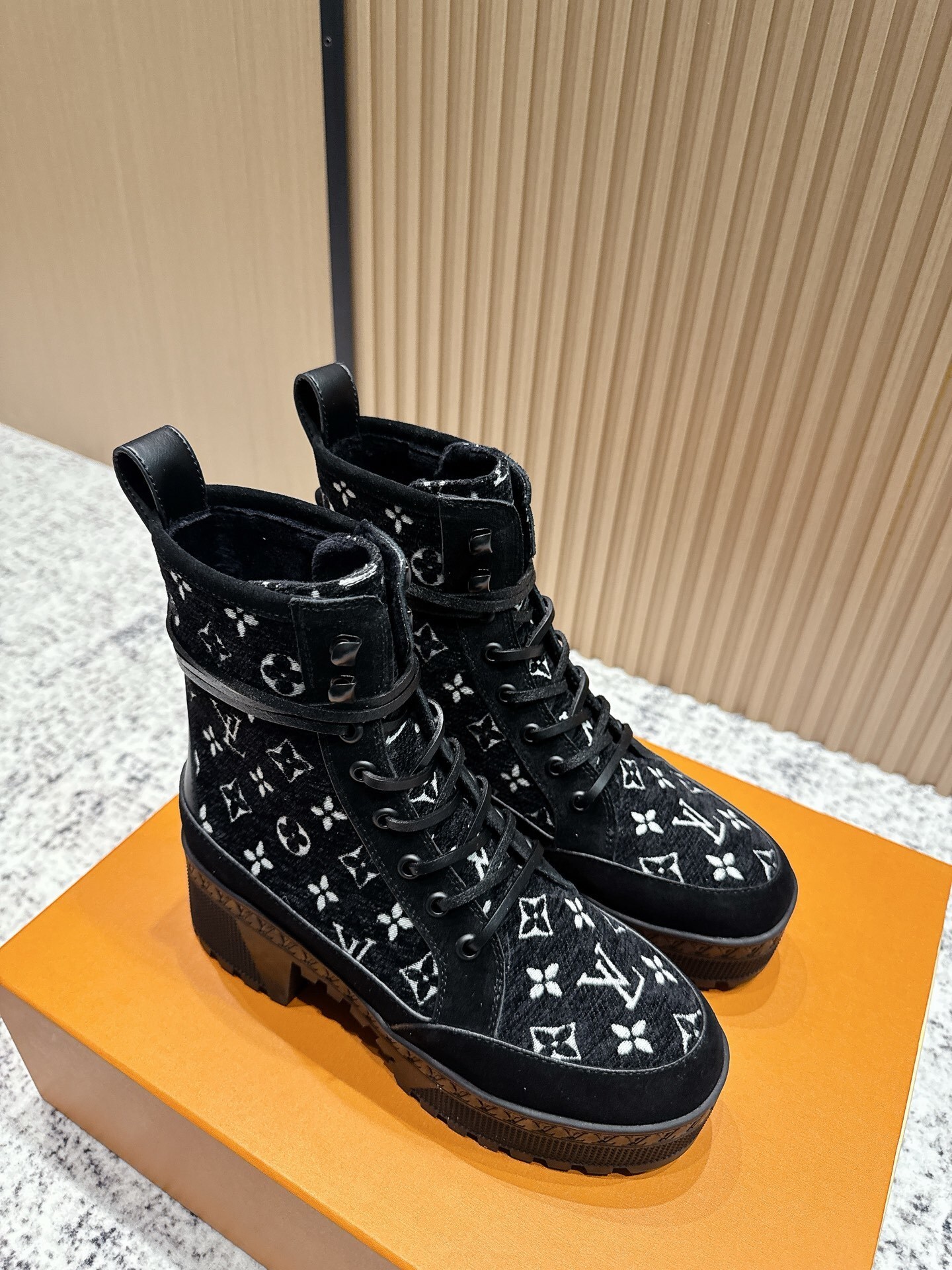 Luxury Monogram Platform Lace-Up Combat Boots - Black