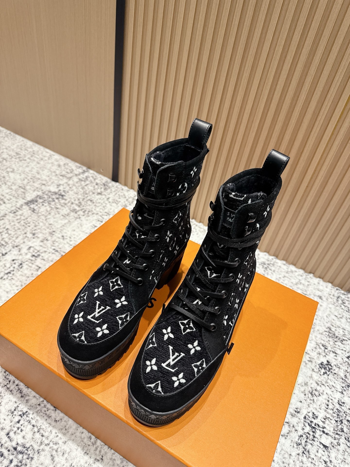 Luxury Monogram Platform Lace-Up Combat Boots – Black