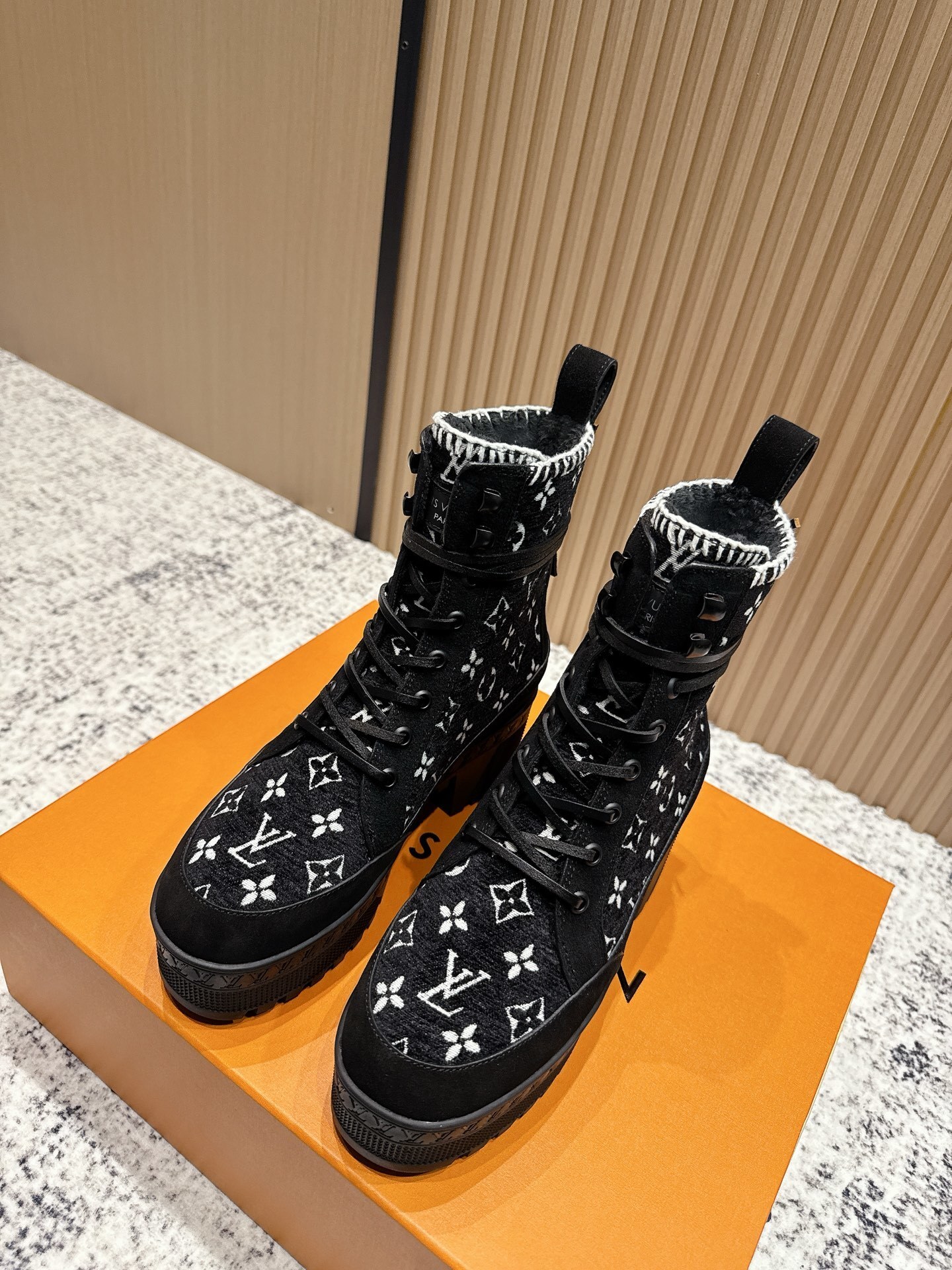 Louis Vuitton Black Monogram Jacquard Lace-Up Ankle Boots