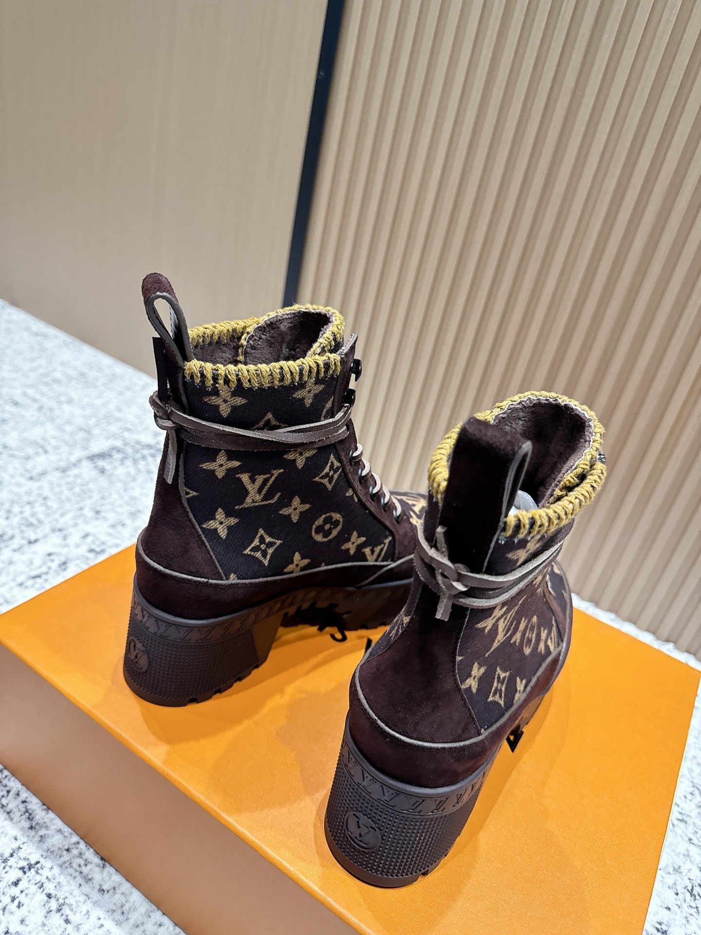 Louis Vuitton Monogram Lace-Up Ankle Boots with Knitted Trim