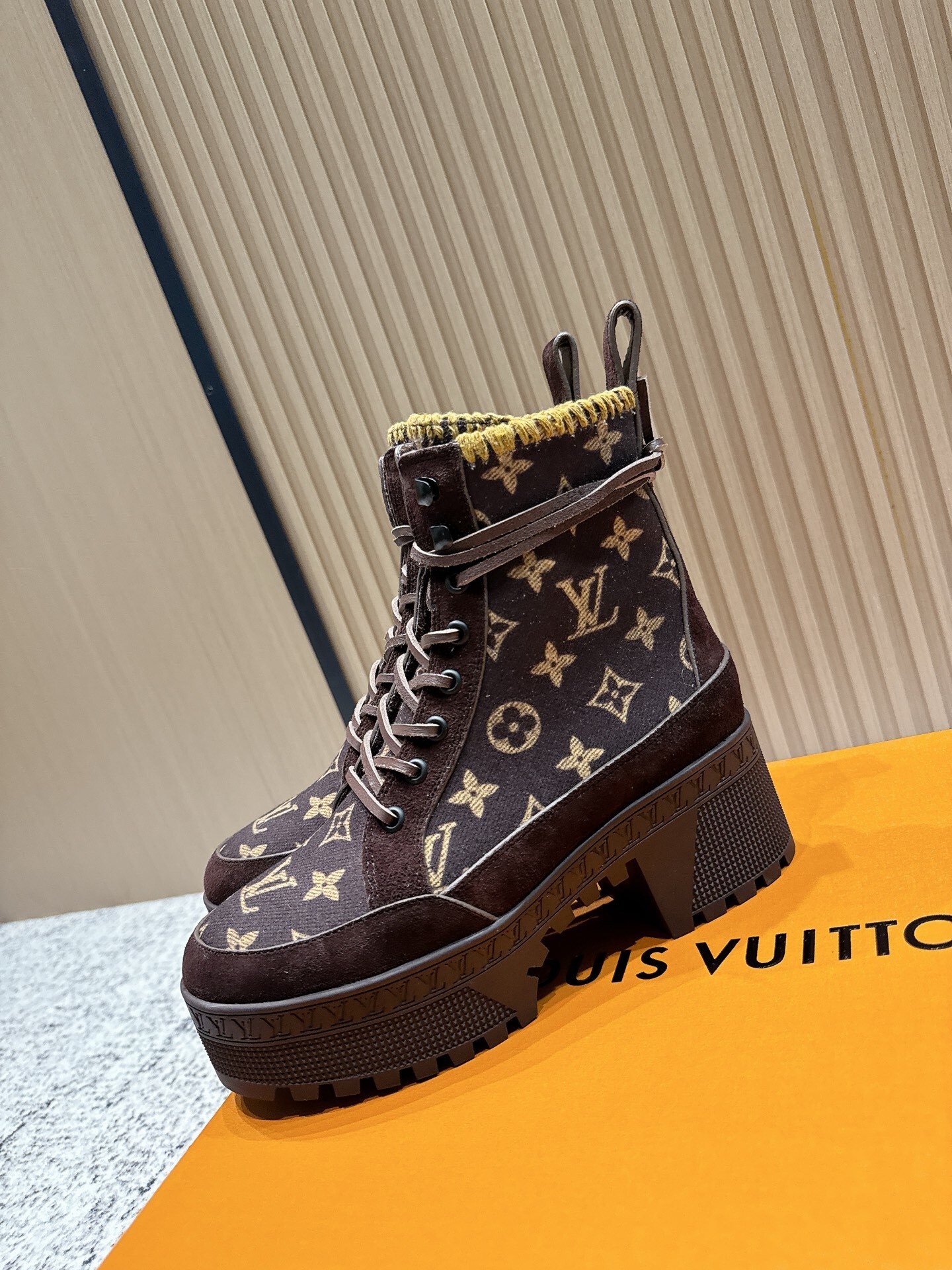 Louis Vuitton Monogram Lace-Up Ankle Boots with Knitted Trim