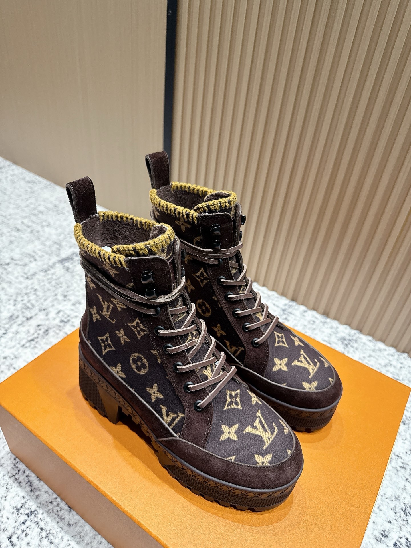 Louis Vuitton Monogram Lace-Up Ankle Boots with Knitted Trim