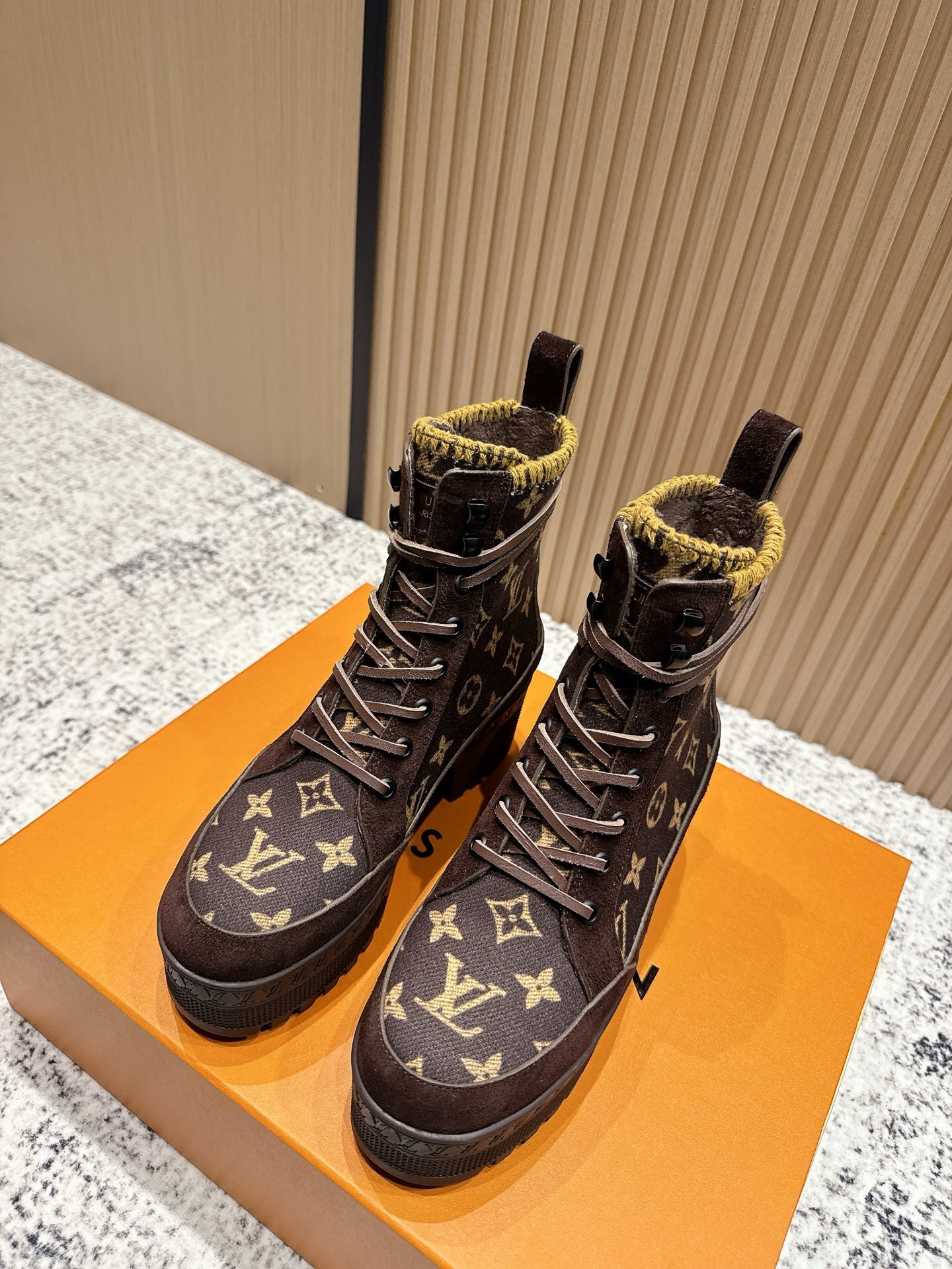 Louis Vuitton Monogram Lace-Up Ankle Boots with Knitted Trim