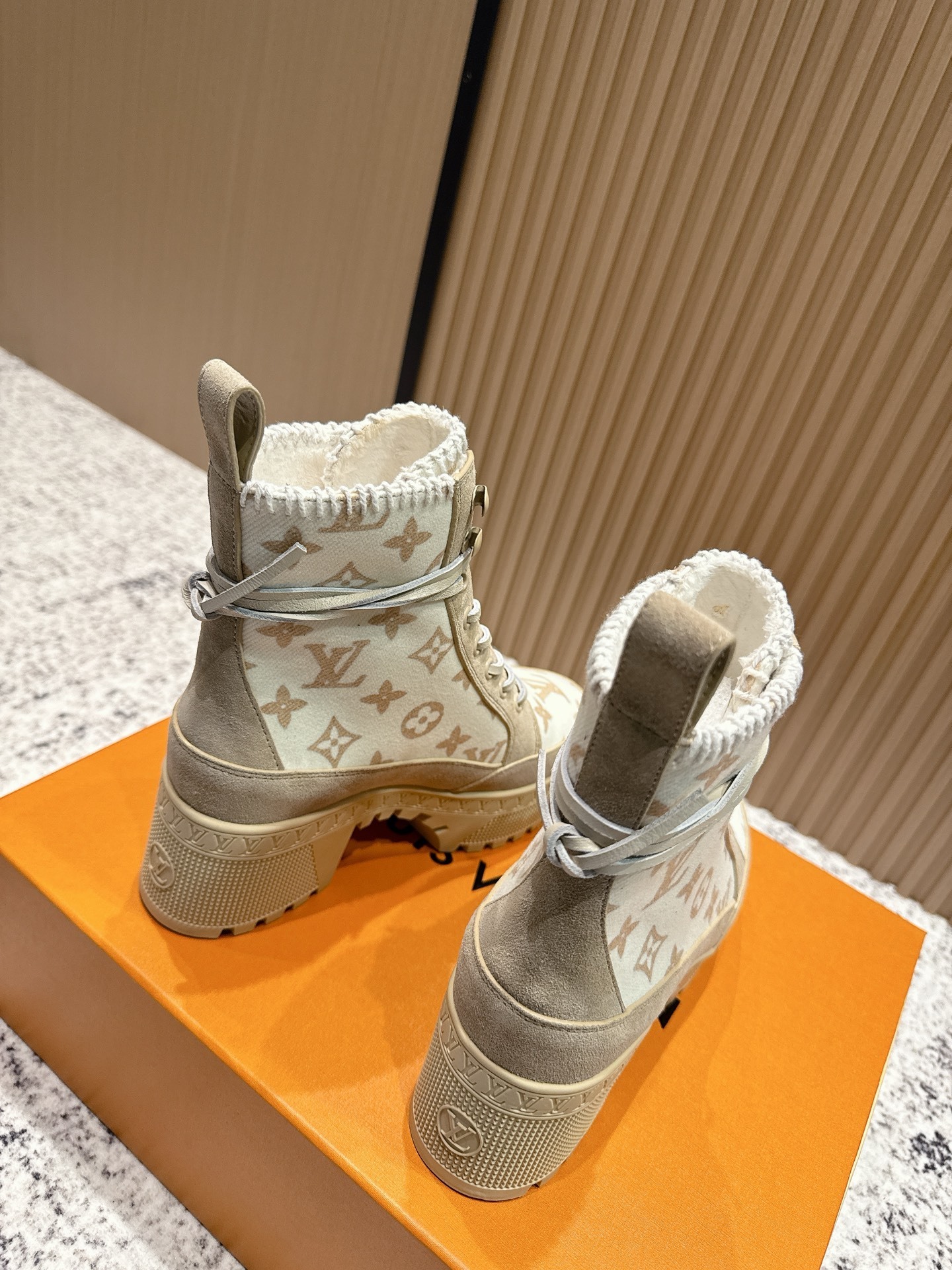 Louis Vuitton Monogram Suede Platform Ankle Boots with Knit Collar