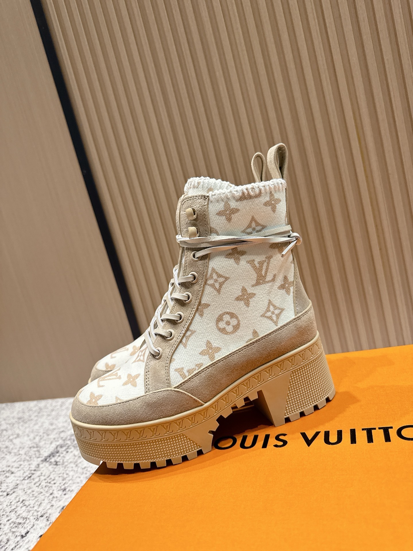 Louis Vuitton Monogram Suede Platform Ankle Boots with Knit Collar