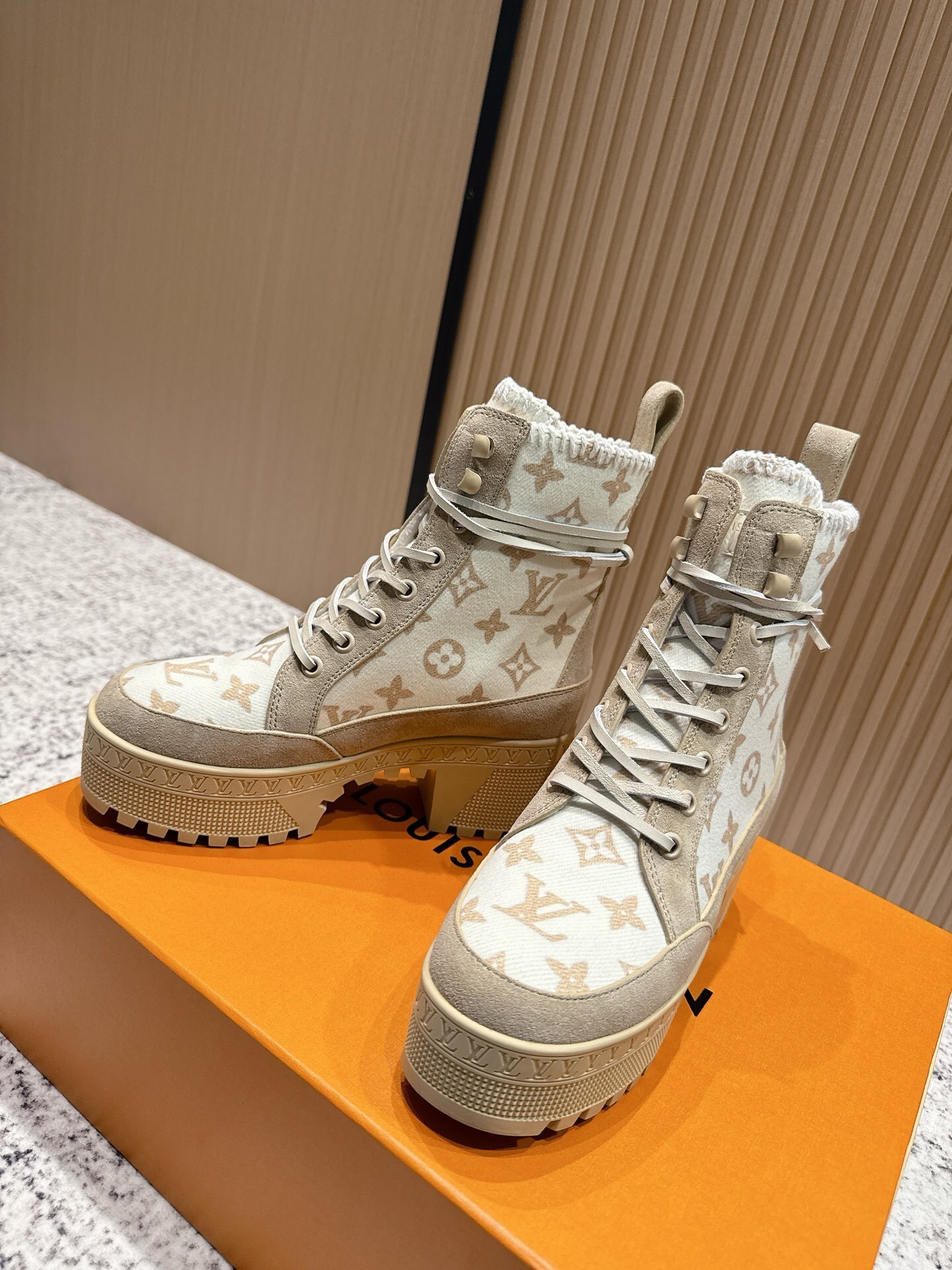 Louis Vuitton Monogram Suede Platform Ankle Boots with Knit Collar