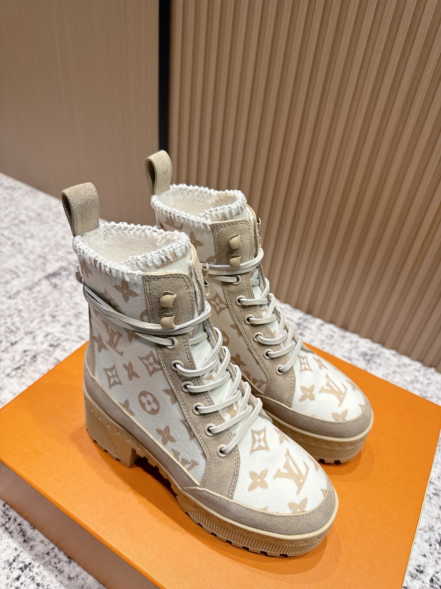 Louis Vuitton Monogram Suede Platform Ankle Boots with Knit Collar