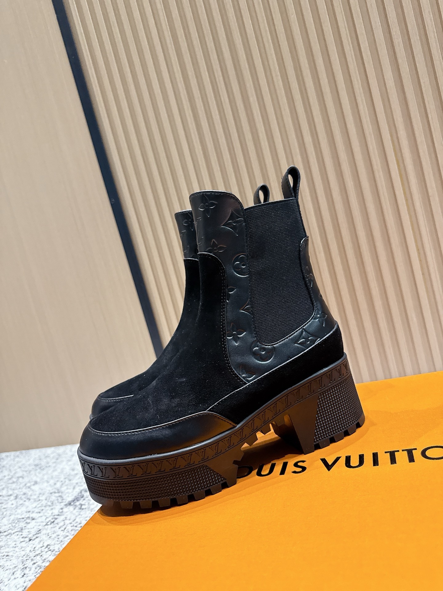 Louis Vuitton Black Monogram Platform Ankle Boots - Suede & Leather