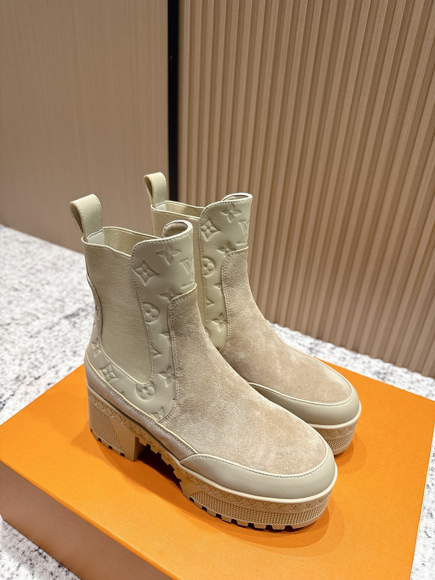 Louis Vuitton Beige Monogram Suede Platform Ankle Boots