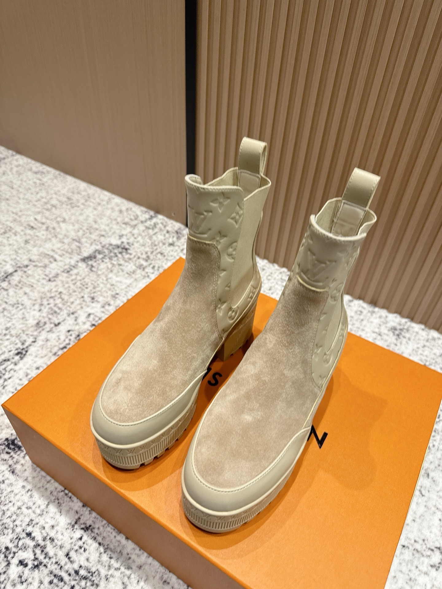 Louis Vuitton Beige Monogram Suede Platform Ankle Boots