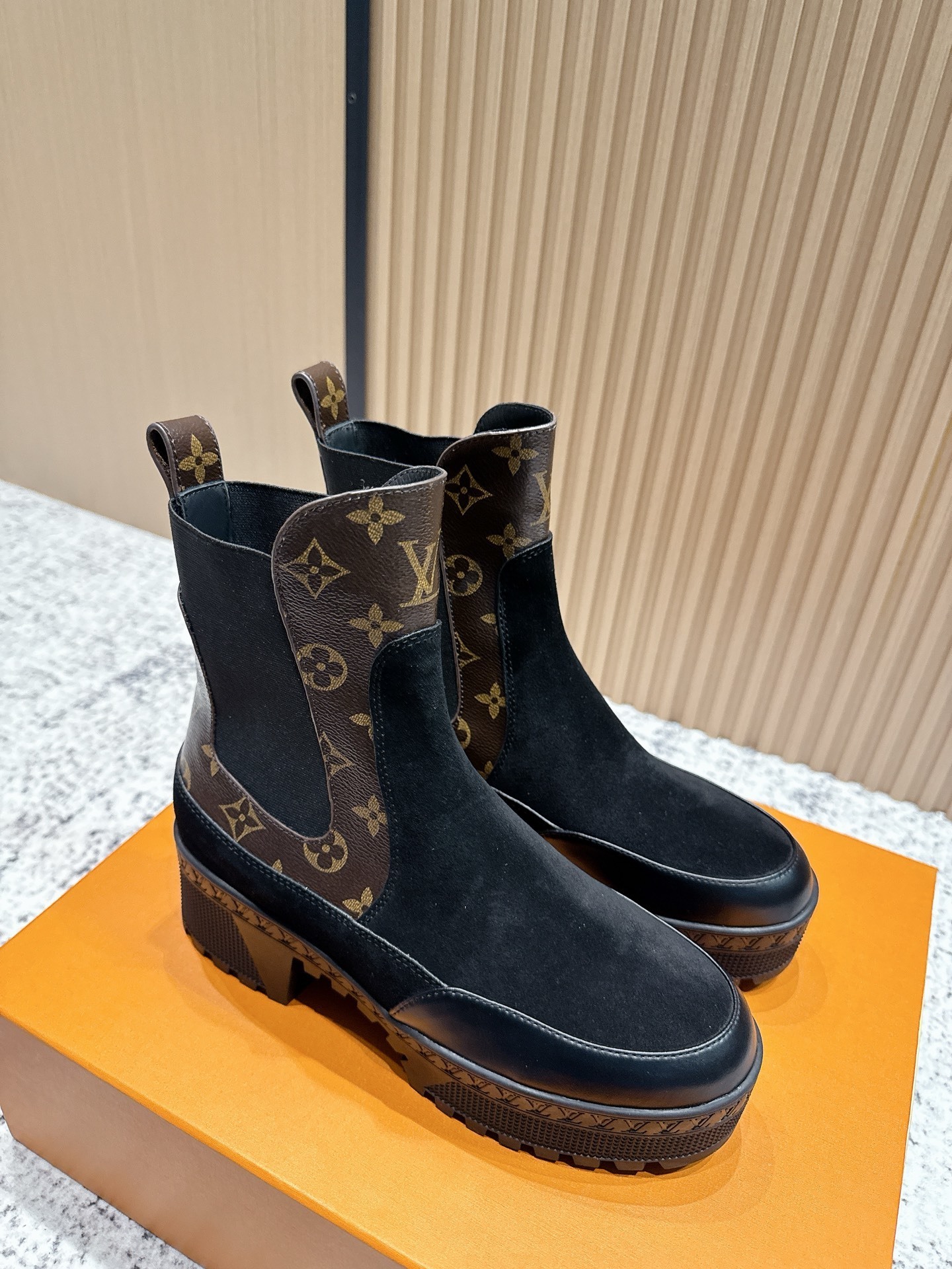 Louis Vuitton Monogram Suede Platform Ankle Boots for Women