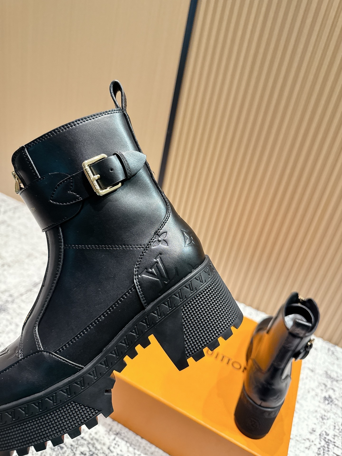 Louis Vuitton Front Zip Black Leather Monogram Ankle Boots