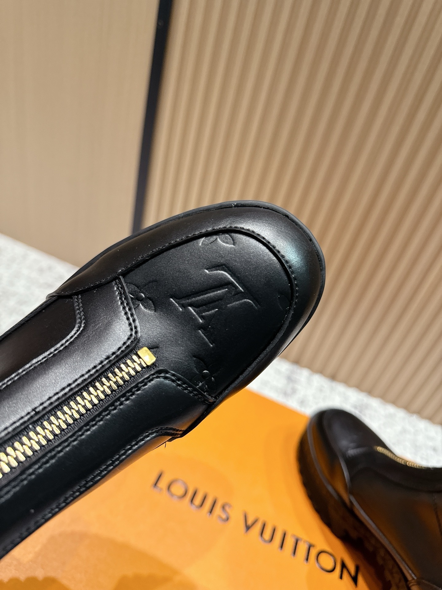 Louis Vuitton Front Zip Black Leather Monogram Ankle Boots